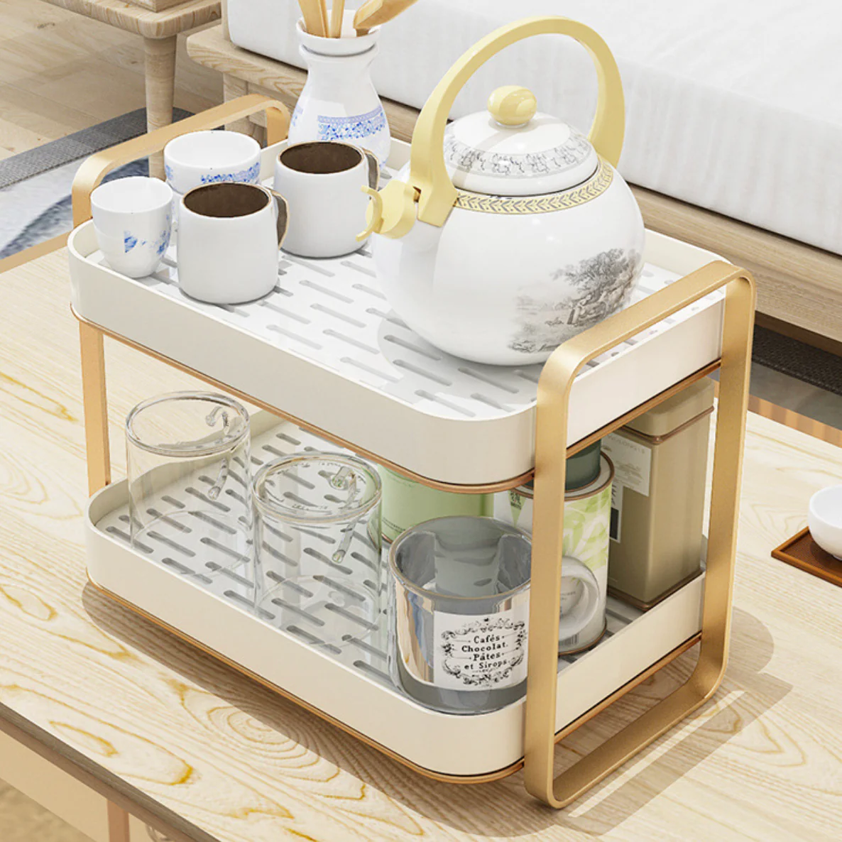 Double Decker Organiser Rack White Gold - Image 20
