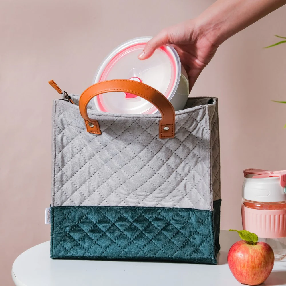 Luxe Velvet Lunch Bag Grey And Green - Image 3