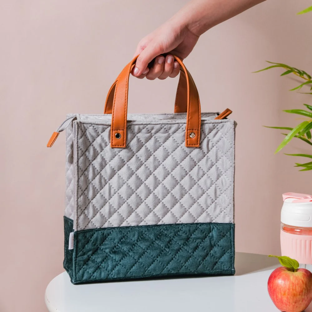 Luxe Velvet Lunch Bag Grey And Green - Image 5