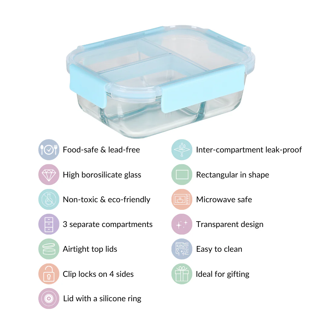 Sealed Three Compartment Glass Container Lunchbox 1000ml - Image 6