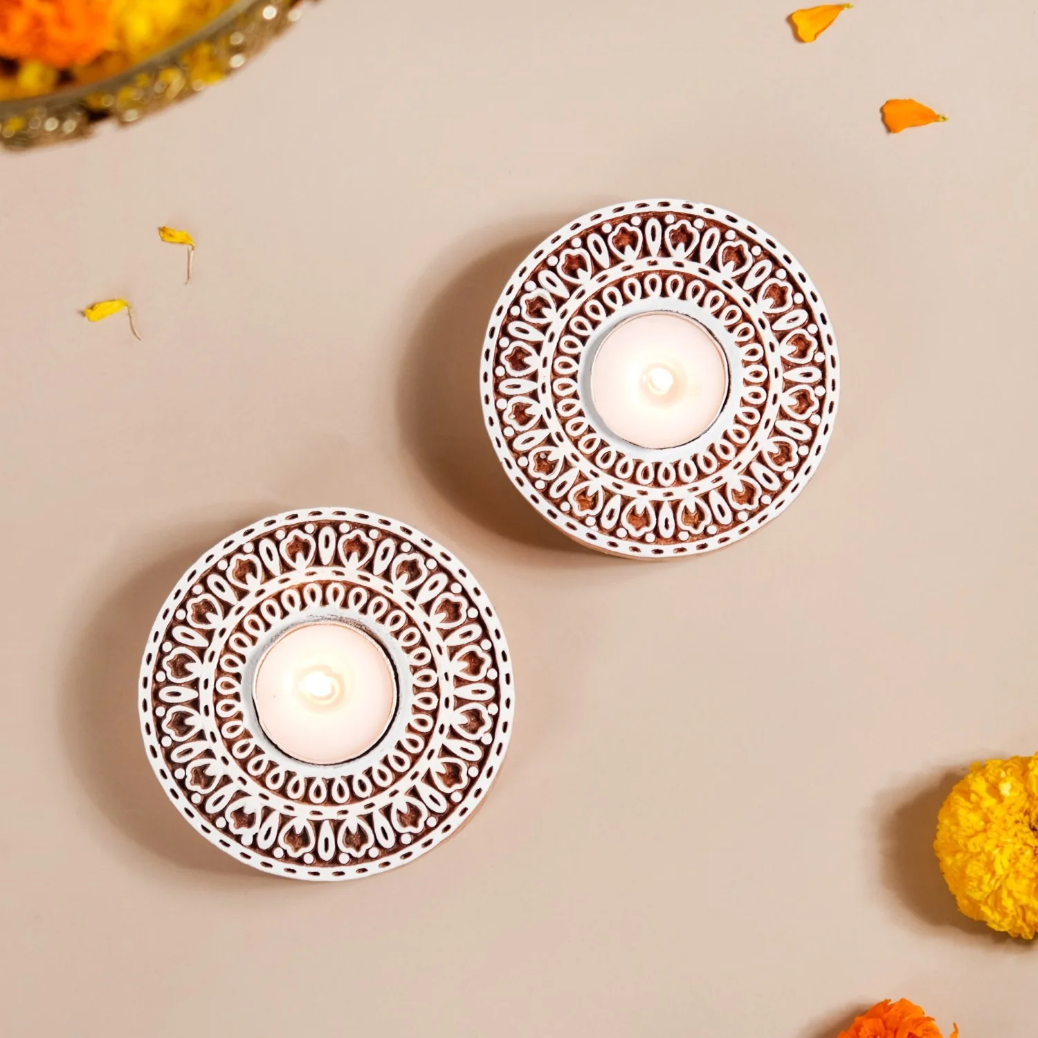 Set Of 2 Mandala Wooden Block Candle Tea Light Holders - Image 3