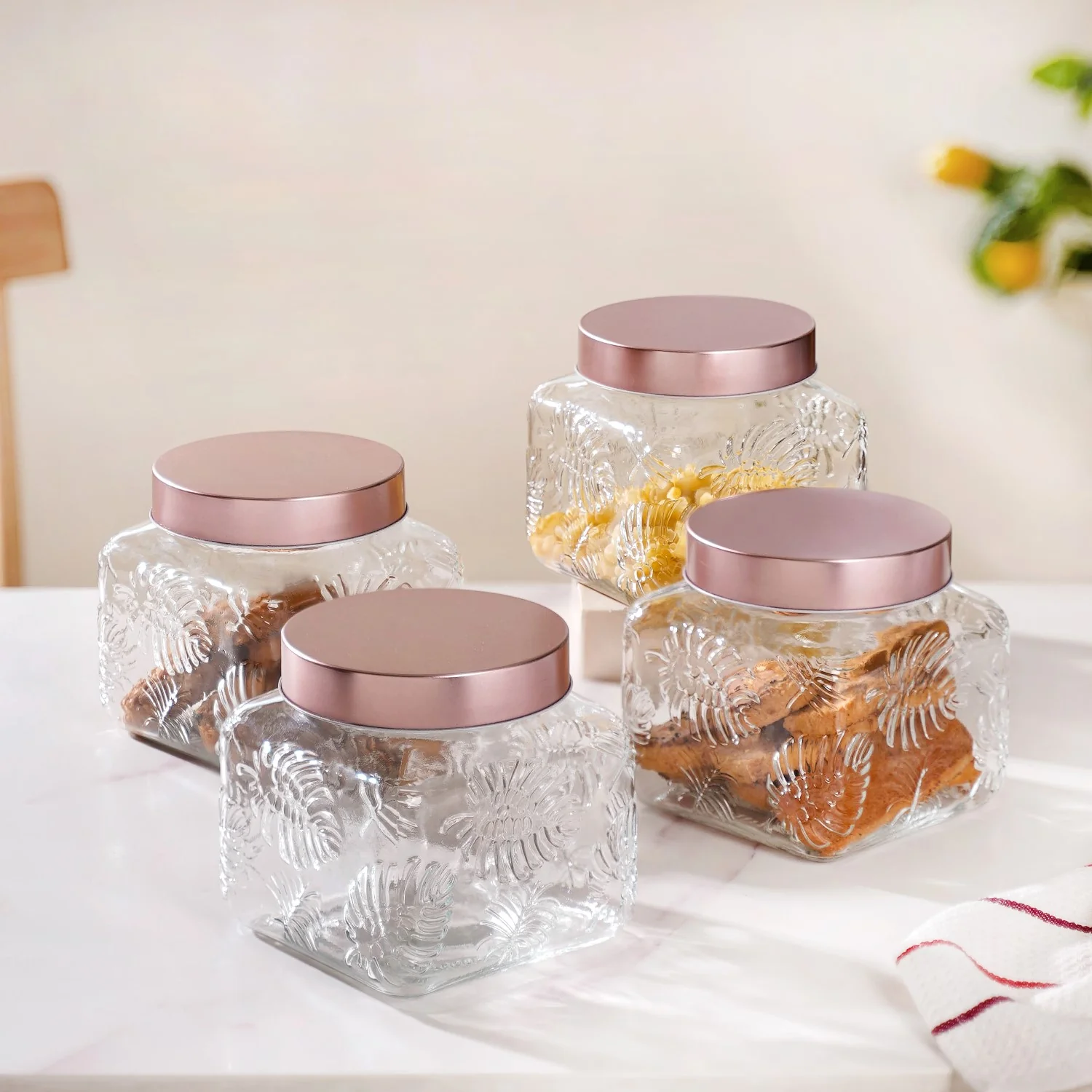 Set Of 4 Monstera Leaf Glass Jar With Rose Gold Lid 1500ml - Image 3