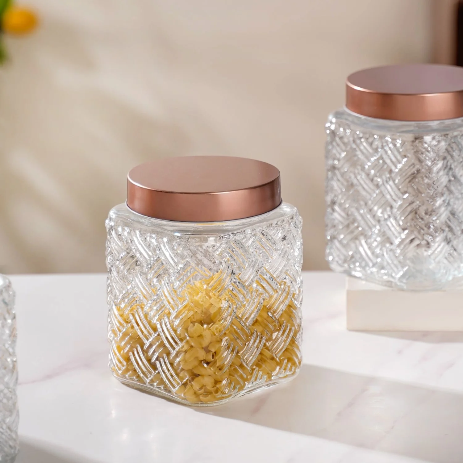 Set Of 4 Textured Glass Jars With Basket Weave 1600ml - Image 3