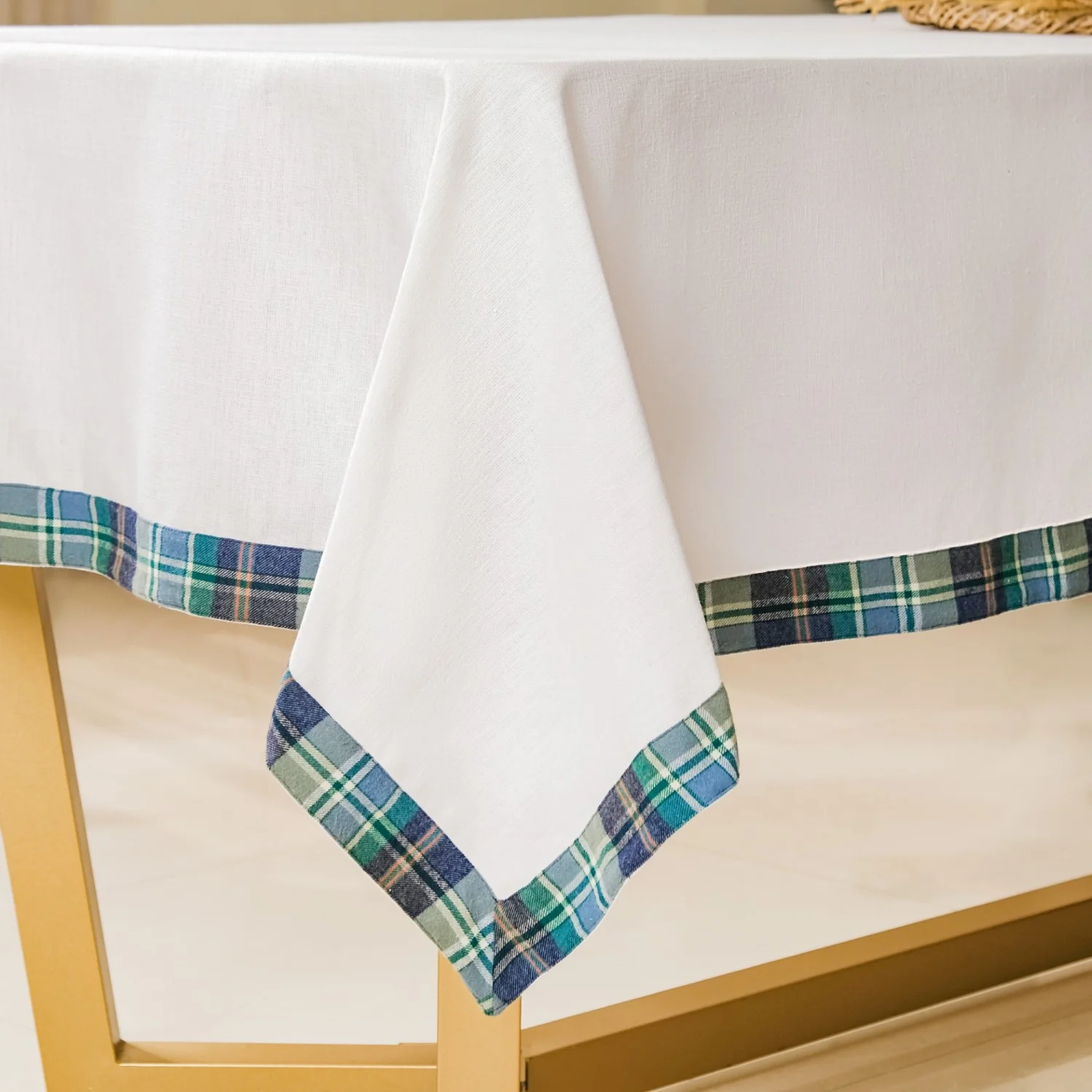 White Table Cloth With Blue Plaid Border - Image 4