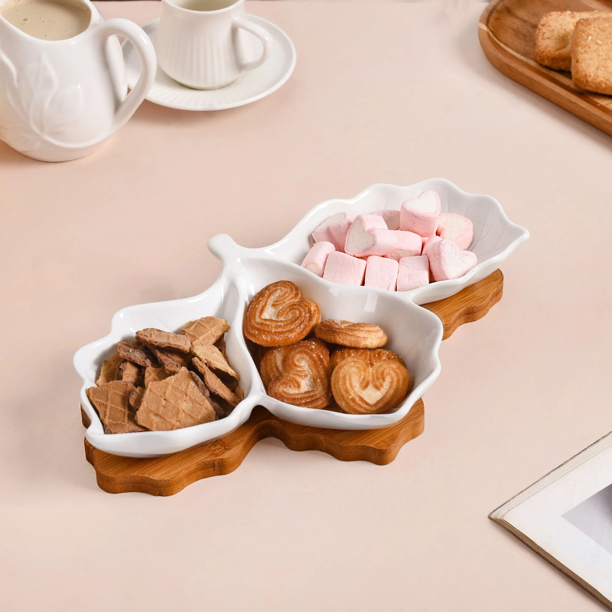 3 Section Leafy Ceramic Plate With Wooden Tray - Image 2