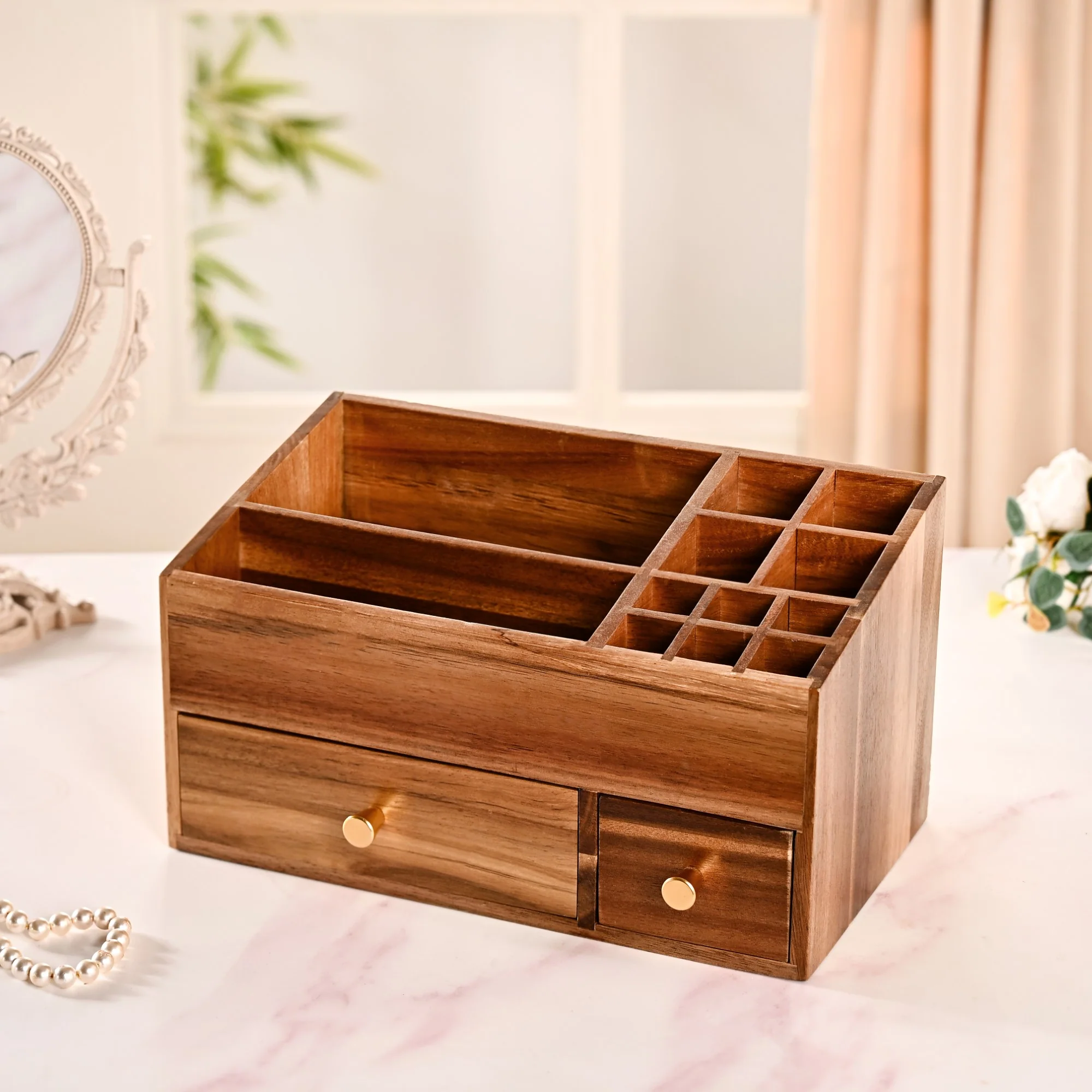 Acacia Wood Makeup Organiser Box For Dressing Table - Image 3