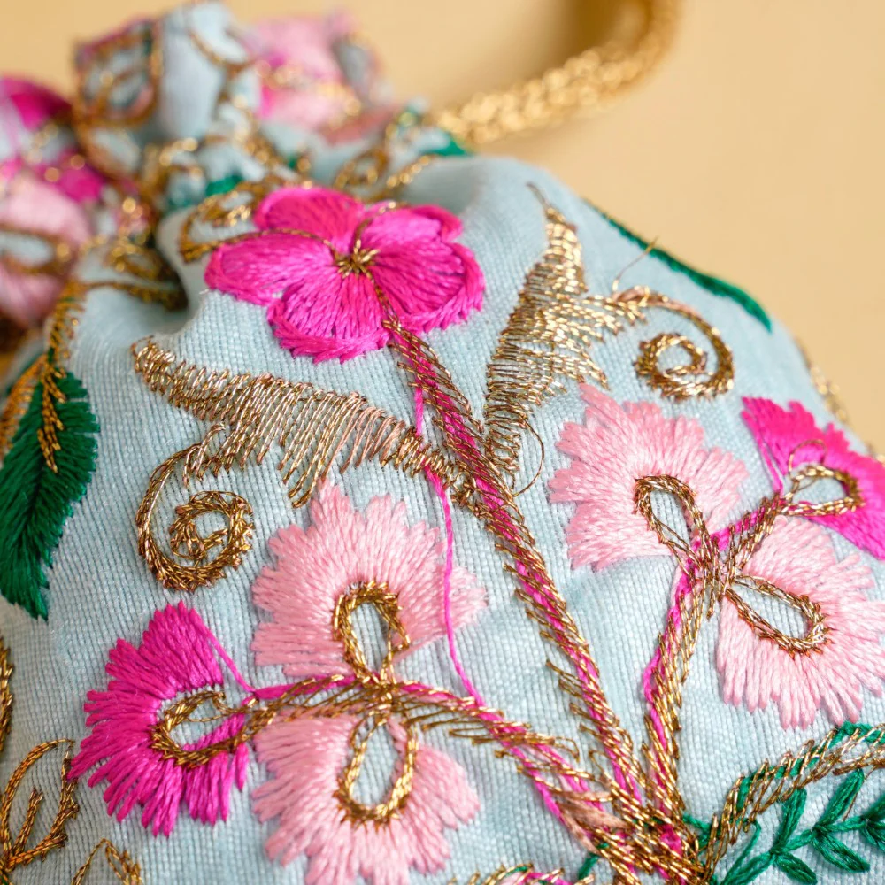Aiyana Zari Floral Patterned Shagun Potli Bag Set Of 2 - Image 6