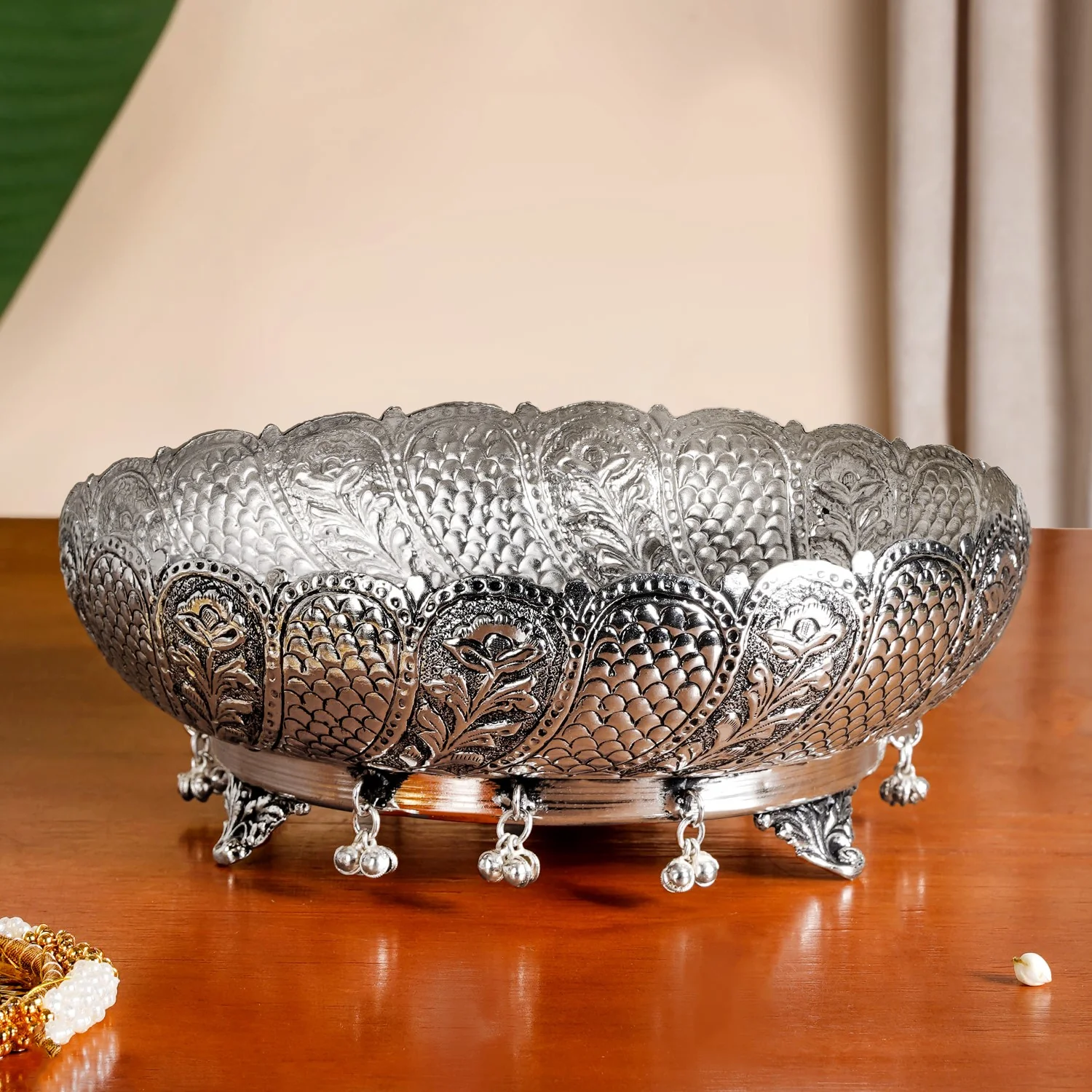 Antique Pure Brass Urli With Silver Polish For Temple 23cm - Image 9