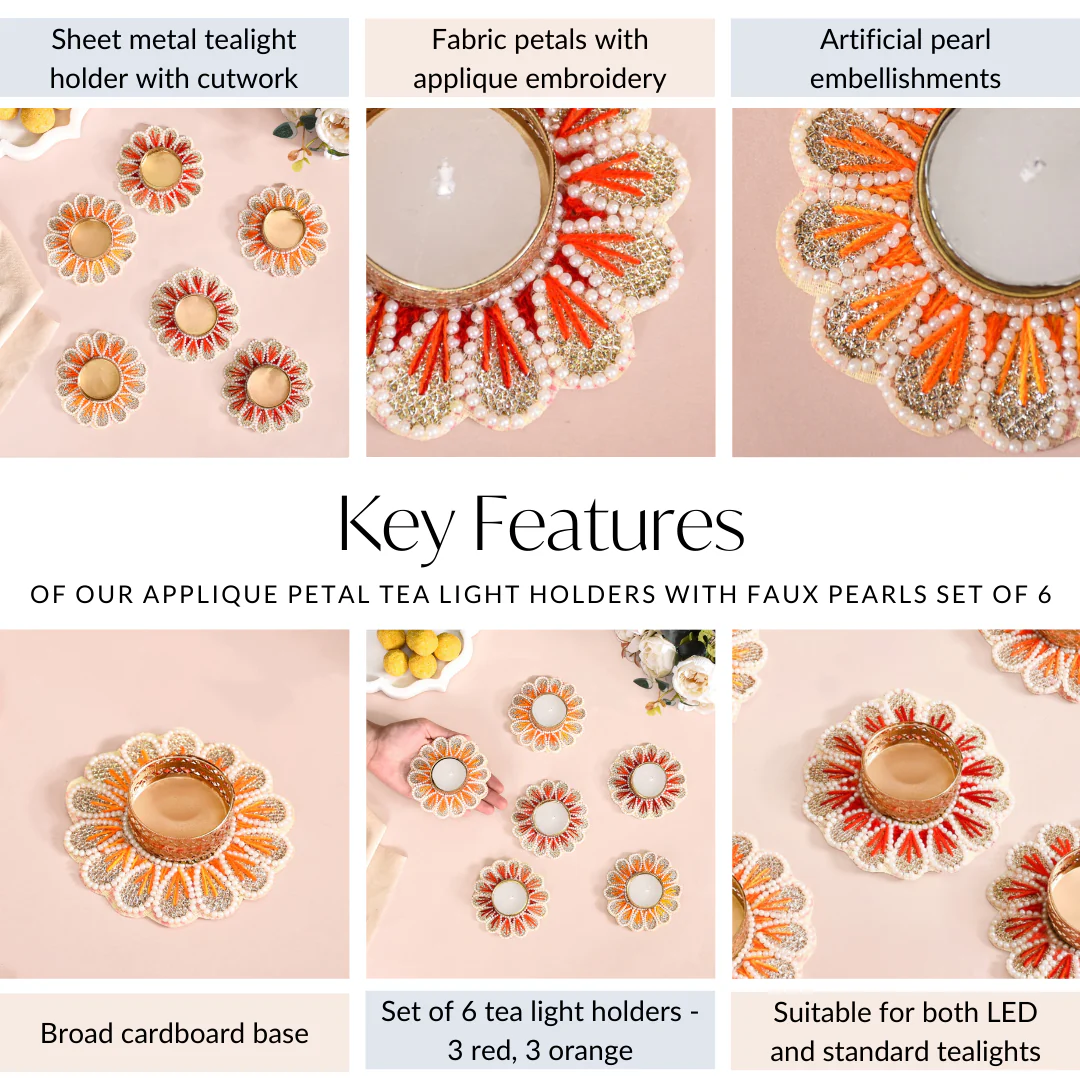 Applique Petal Tea Light Holders With Faux Pearls Set Of 6 - Image 5