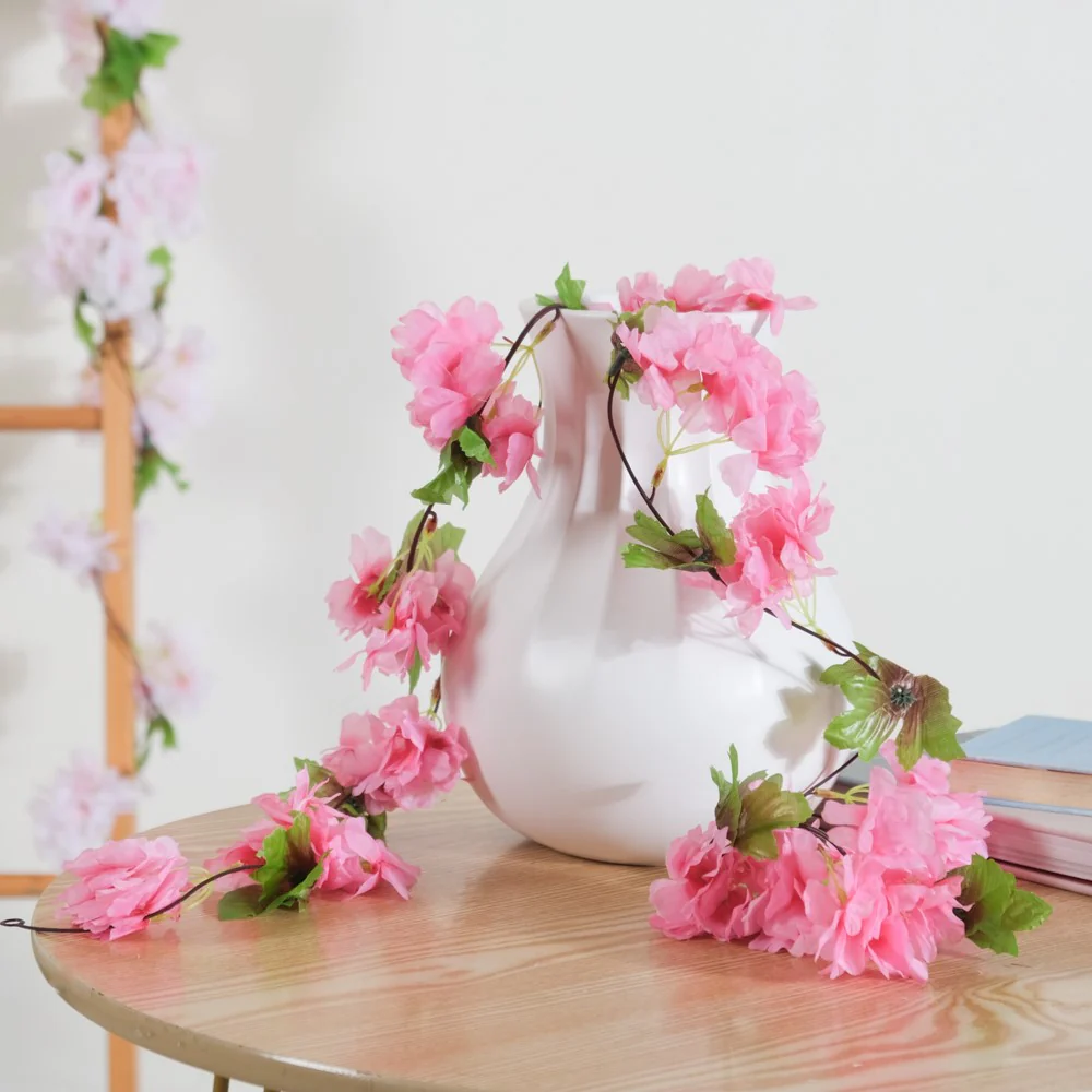 Artificial Sakura Blossoms And Leaves Vine Crimson - Image 7