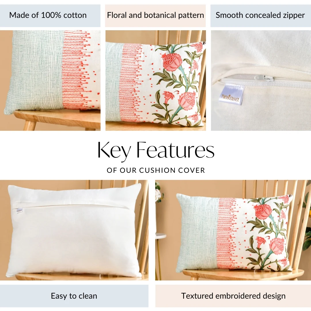 Artisanal Bloom Embroidery Cotton Cushion Cover 50x36cm - Image 4