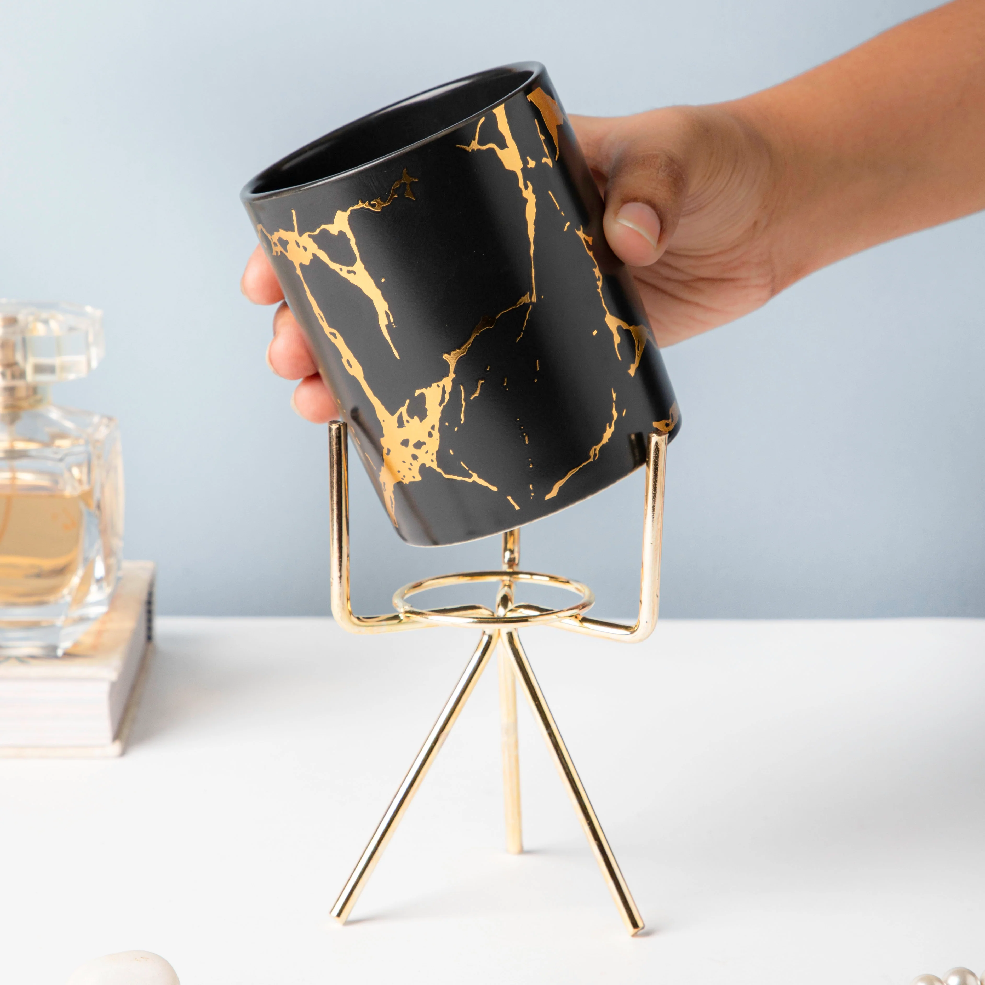 Auric Marble Black Planter with Stand Large - Image 2