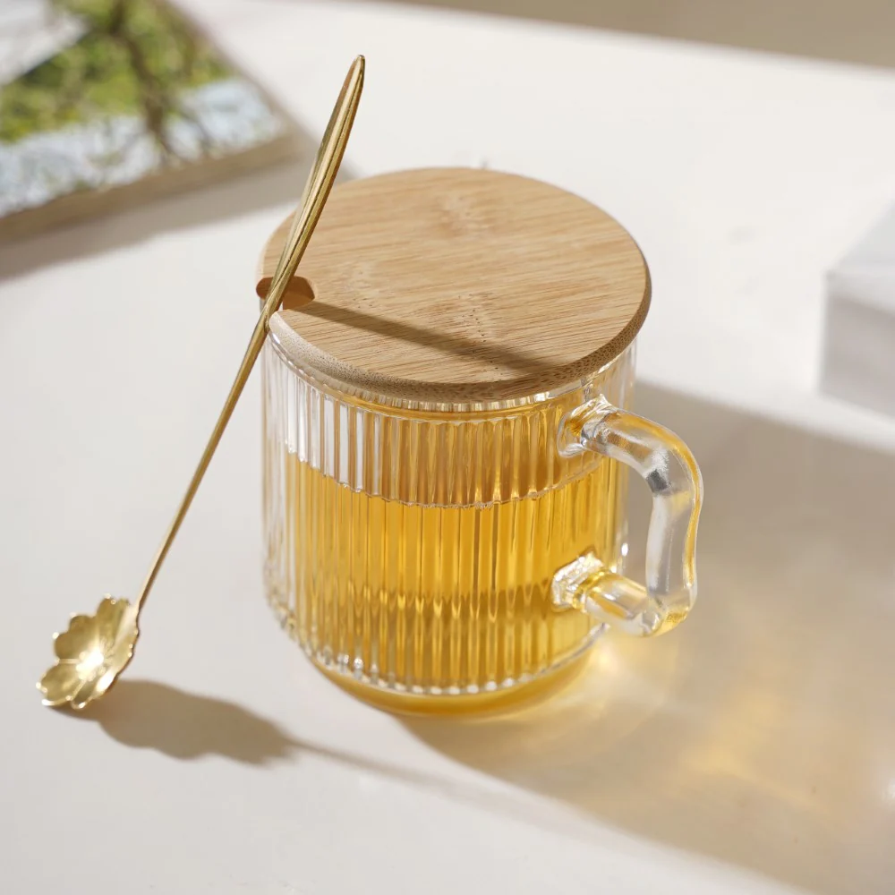 Aurora Transparent Glass Mug With Lid And Spoon Set Of 2 350 ml - Image 4