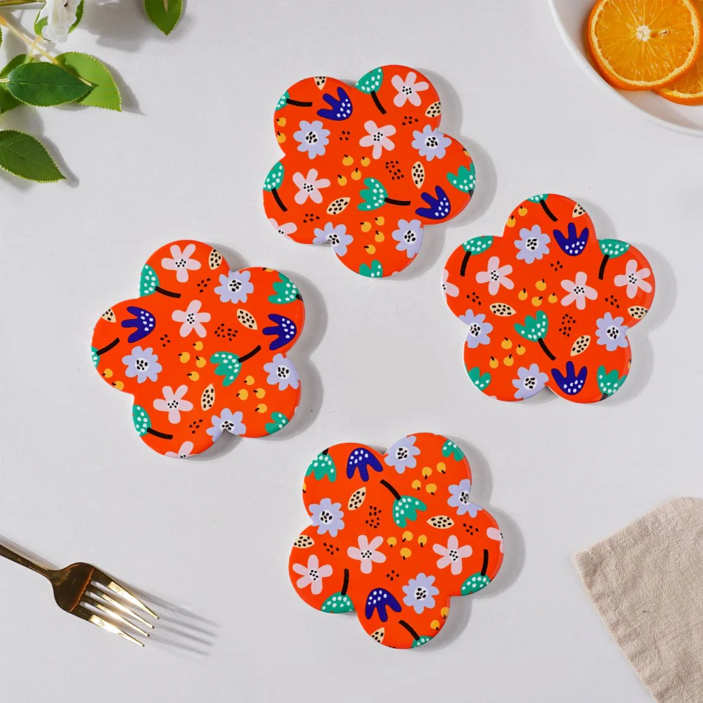 Autumn Orange Flower Glossy Ceramic Coaster Set Of 4 - Image 4