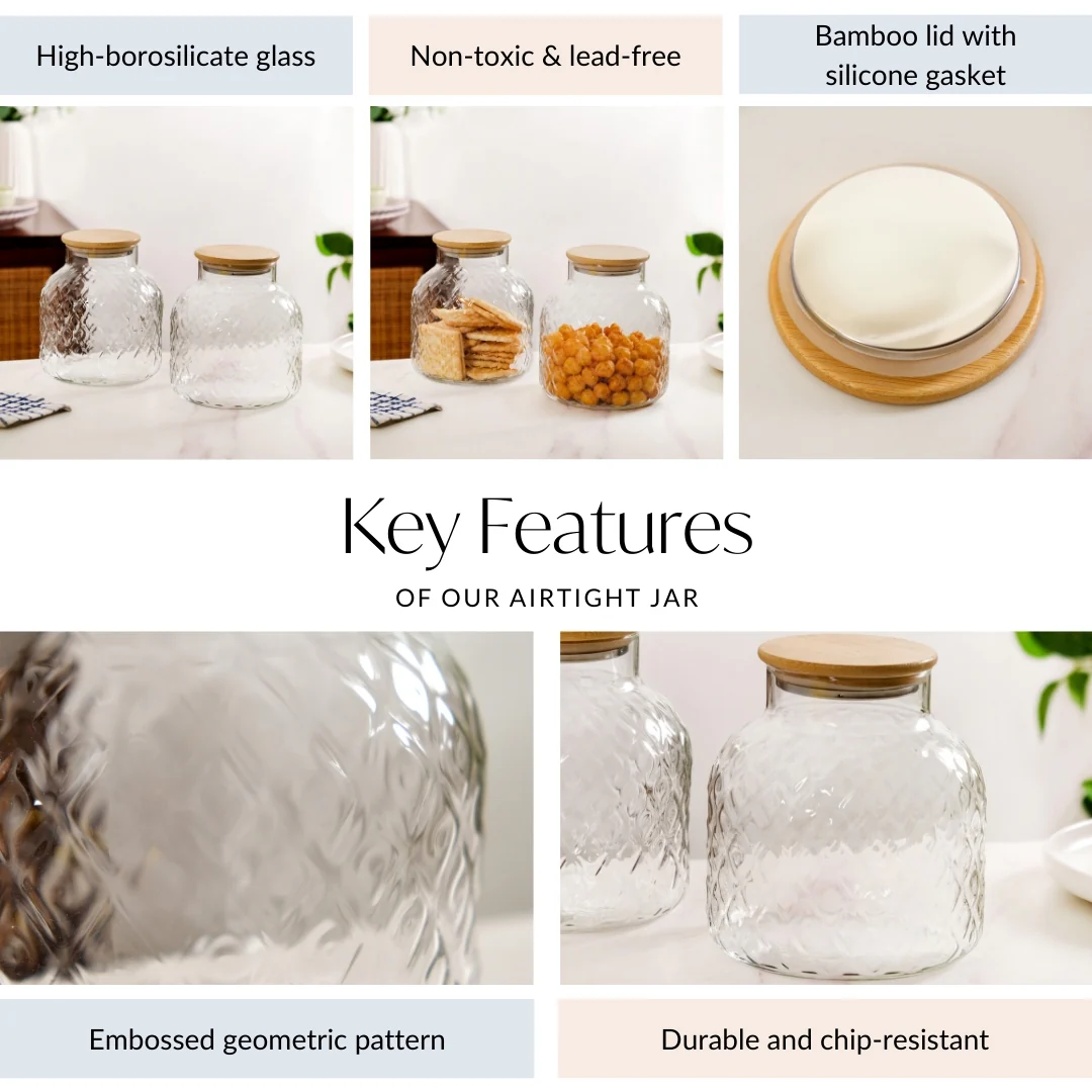 Diamond Glass Storage Jars with Bamboo Lid Set of 2 1400ml - Image 4