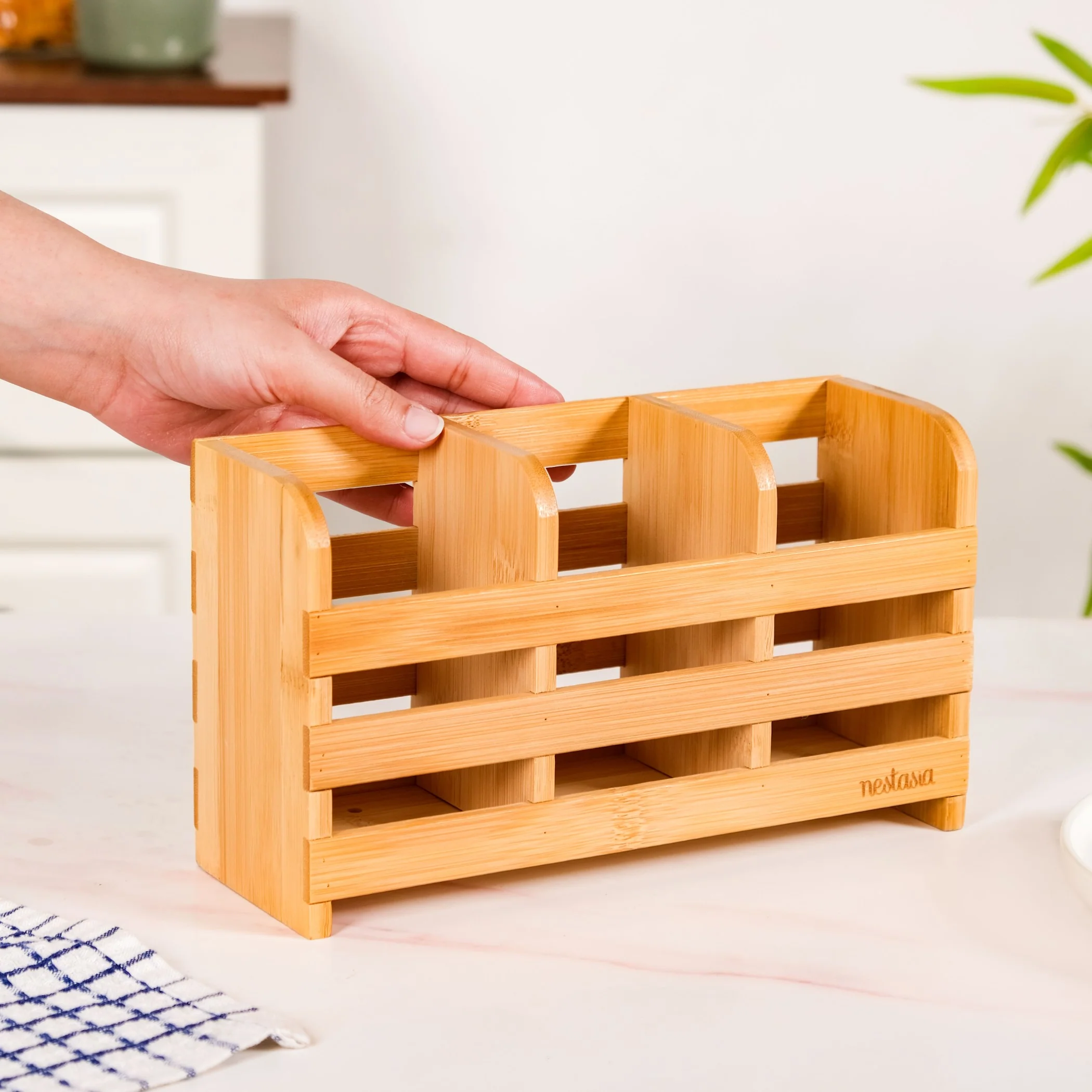Bamboo Wood Cutlery Holder With 3 Sections - Image 3