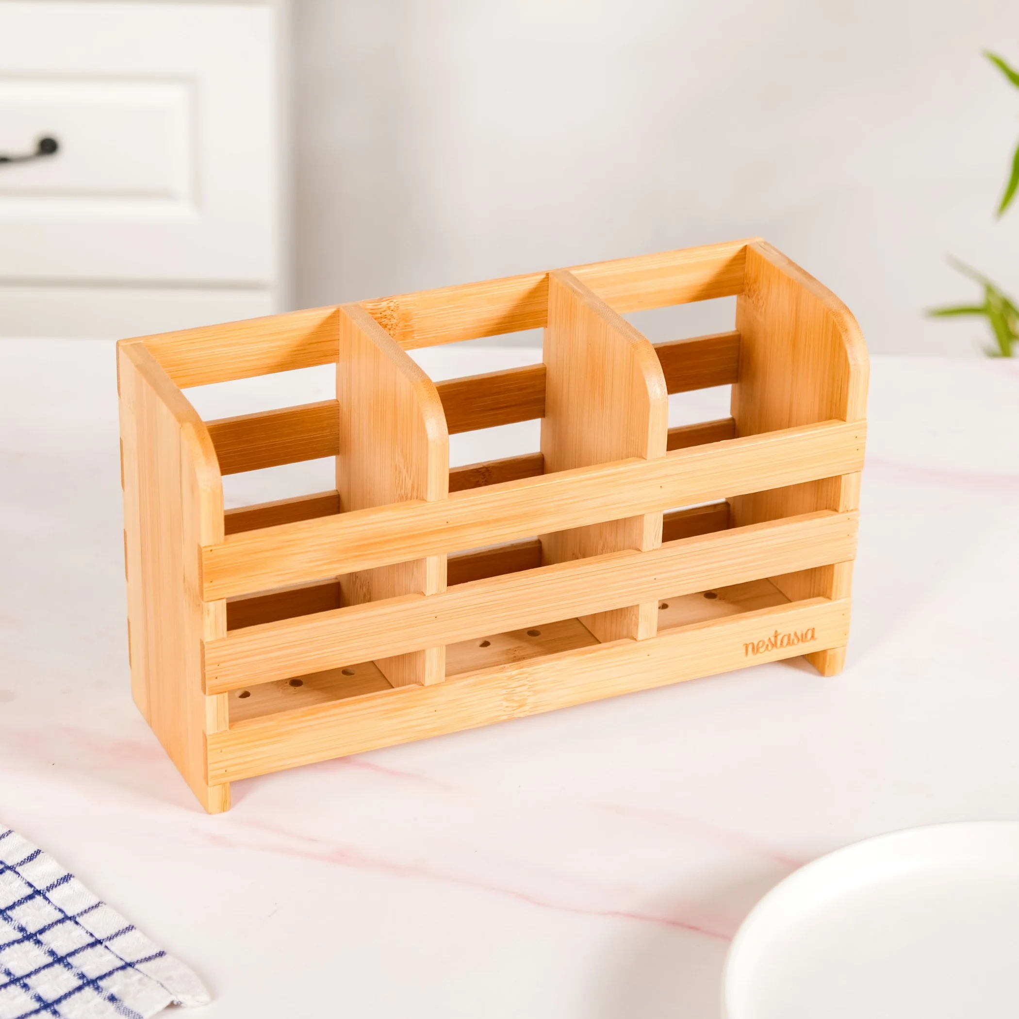 Bamboo Wood Cutlery Holder With 3 Sections - Image 8