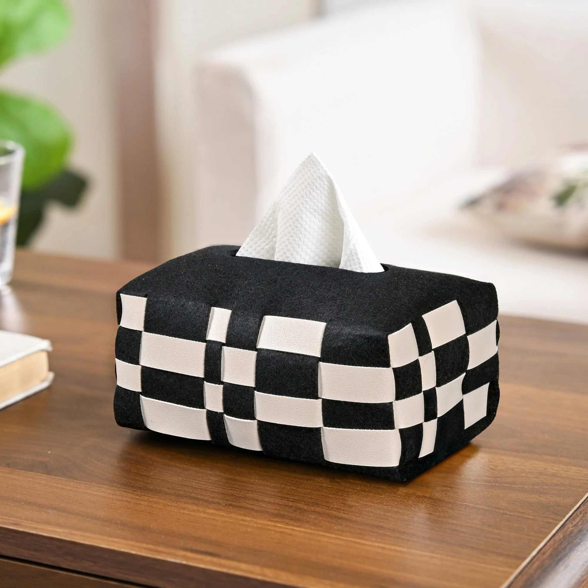 Basket Weave Vegan Leather Tissue Box Black And Beige