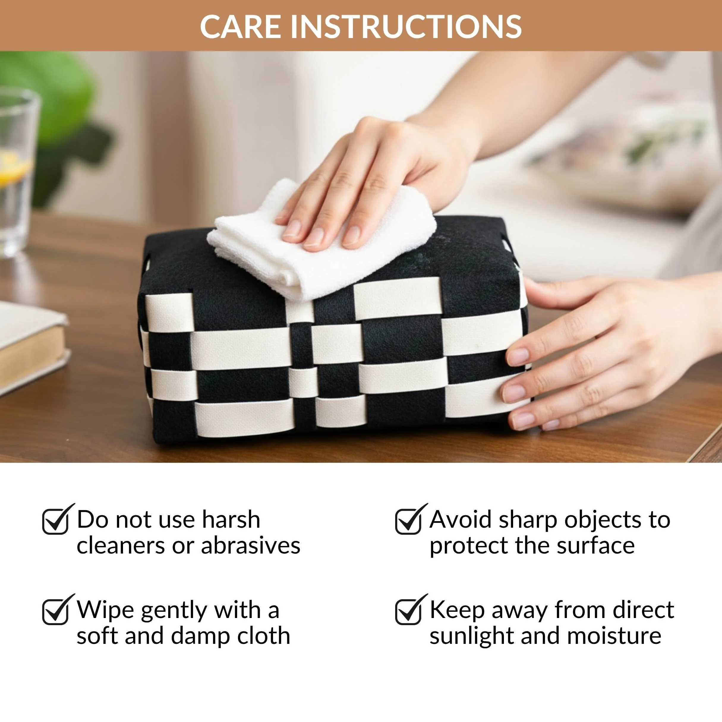 Basket Weave Vegan Leather Tissue Box Black And Beige - Image 6