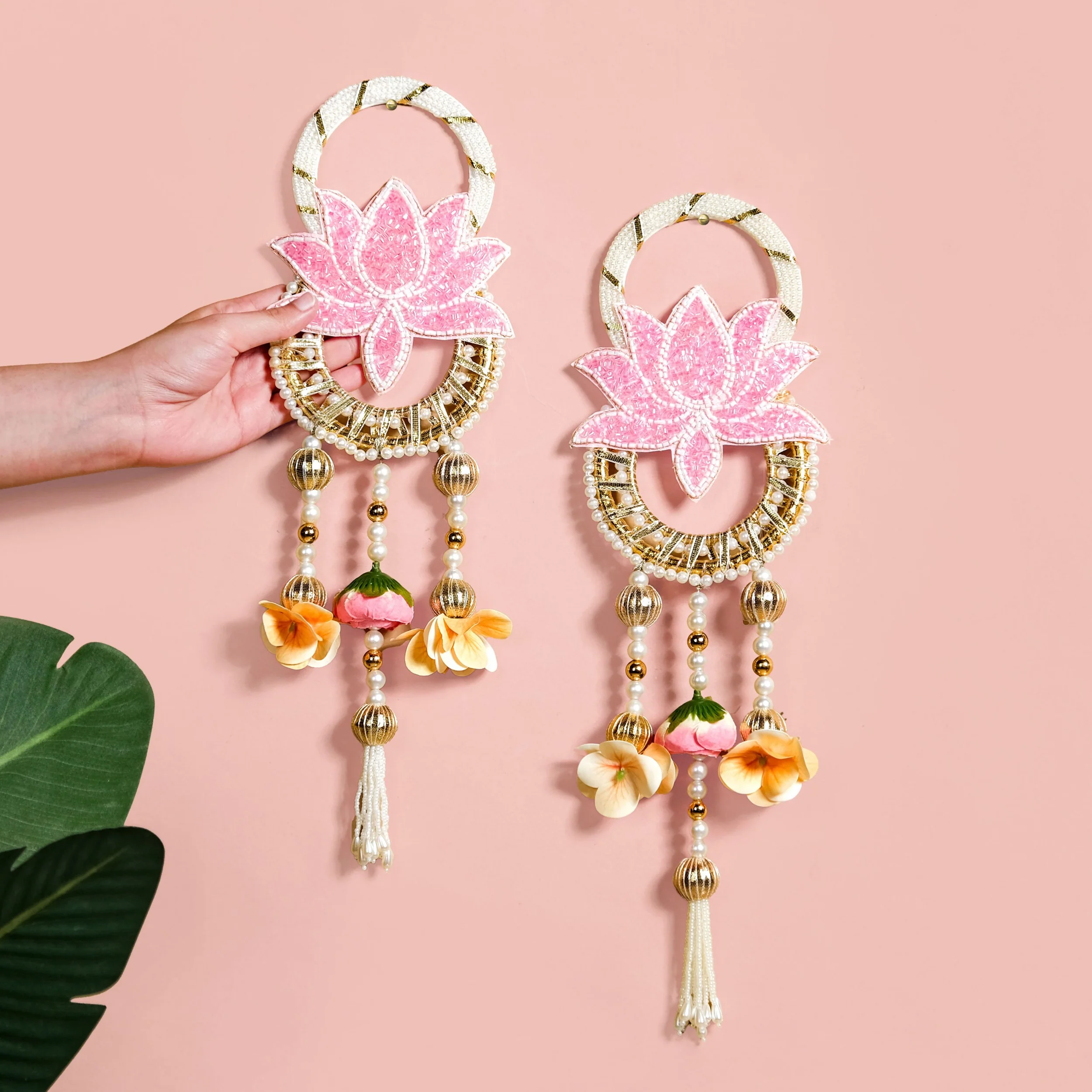 Beaded Lotus Wall Hanging Set Of 2 In Pink - Image 2