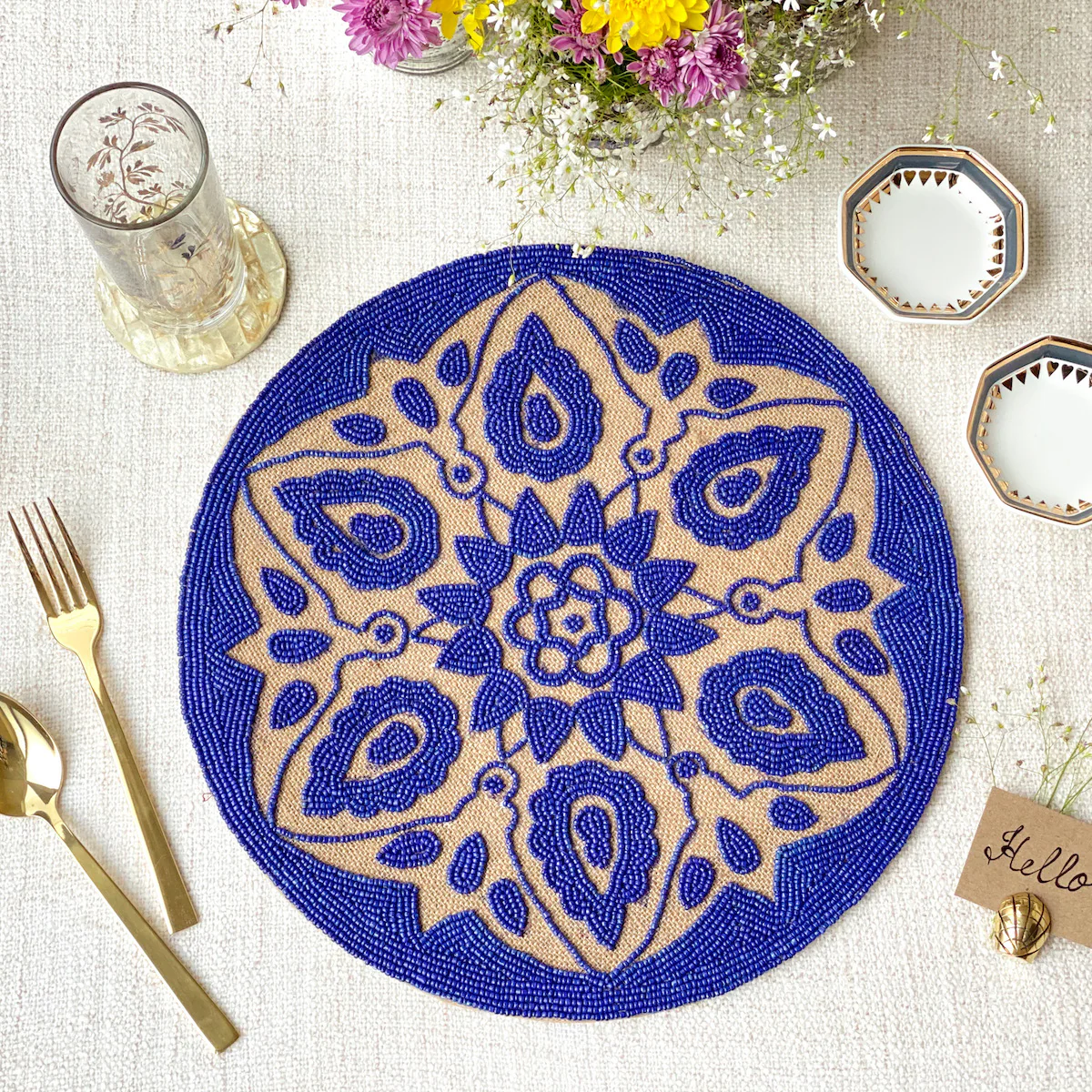 BEADS Mandala Jute Table Mat- Navy Blue - Image 2