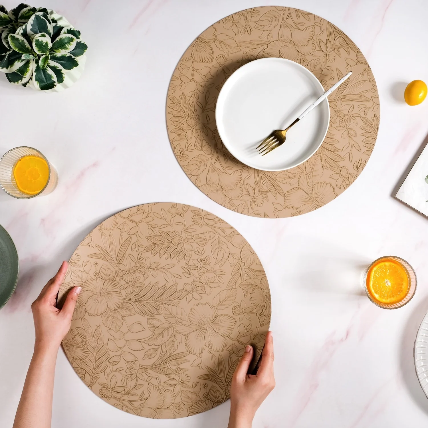 Beige Embossed Hibiscus Round Placemats Set Of 6 - Image 2