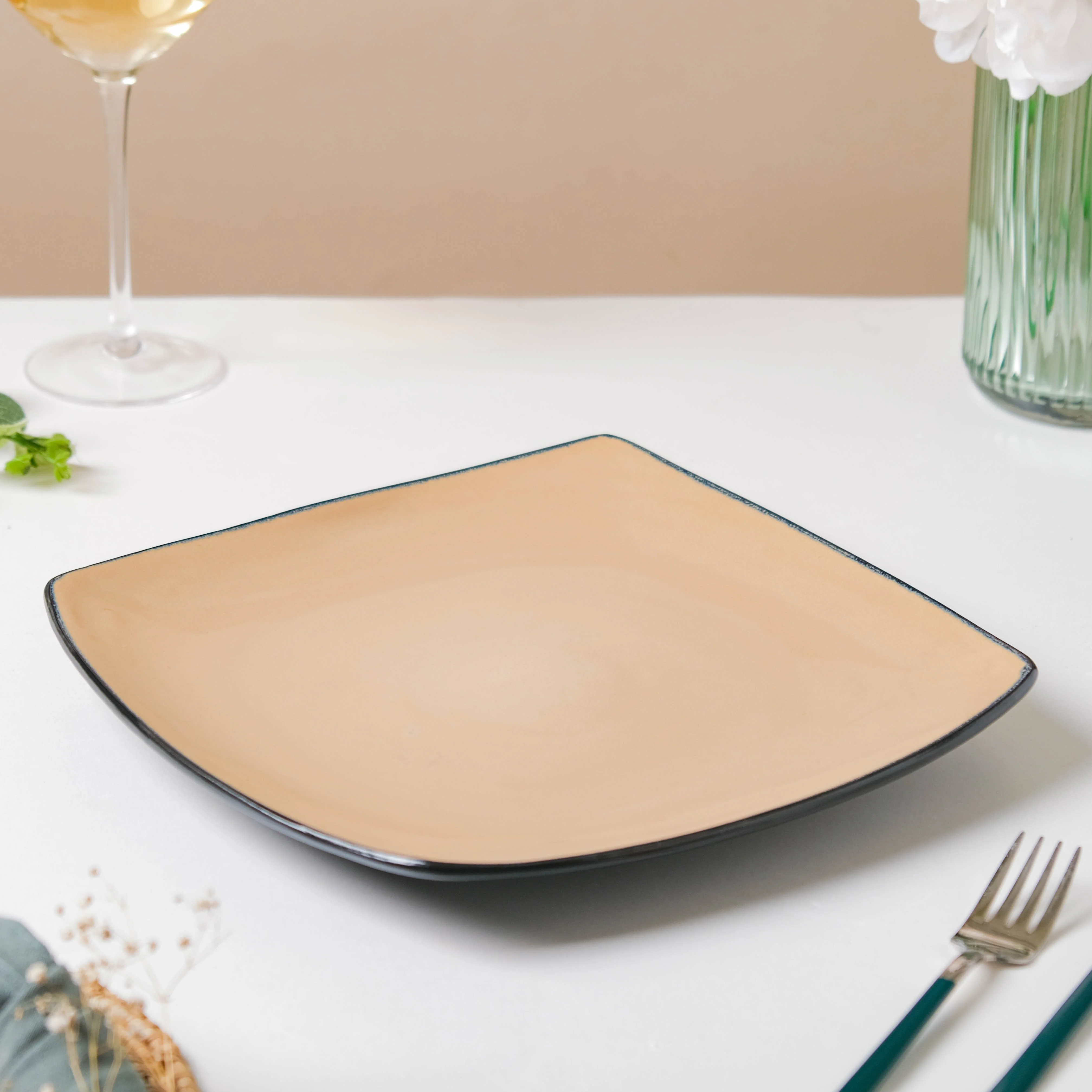 Beige Glossed Blue Rimmed Square Plate 10.5 Inch - Image 3