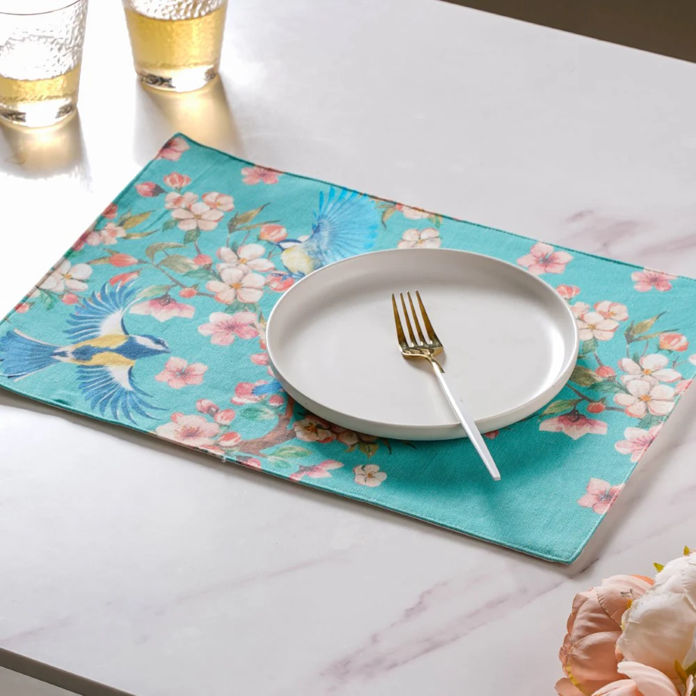 Birds Blossoms Cotton Printed Table Mat Blue Set Of 6 - Image 4