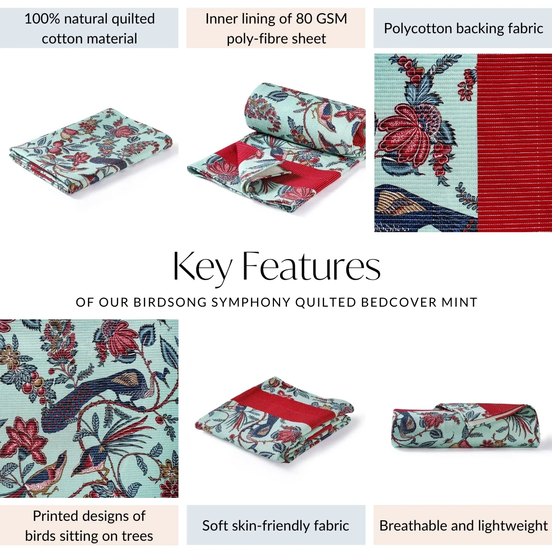 Birdsong Symphony Quilted Bedcover Mint 254x221cm - Image 4