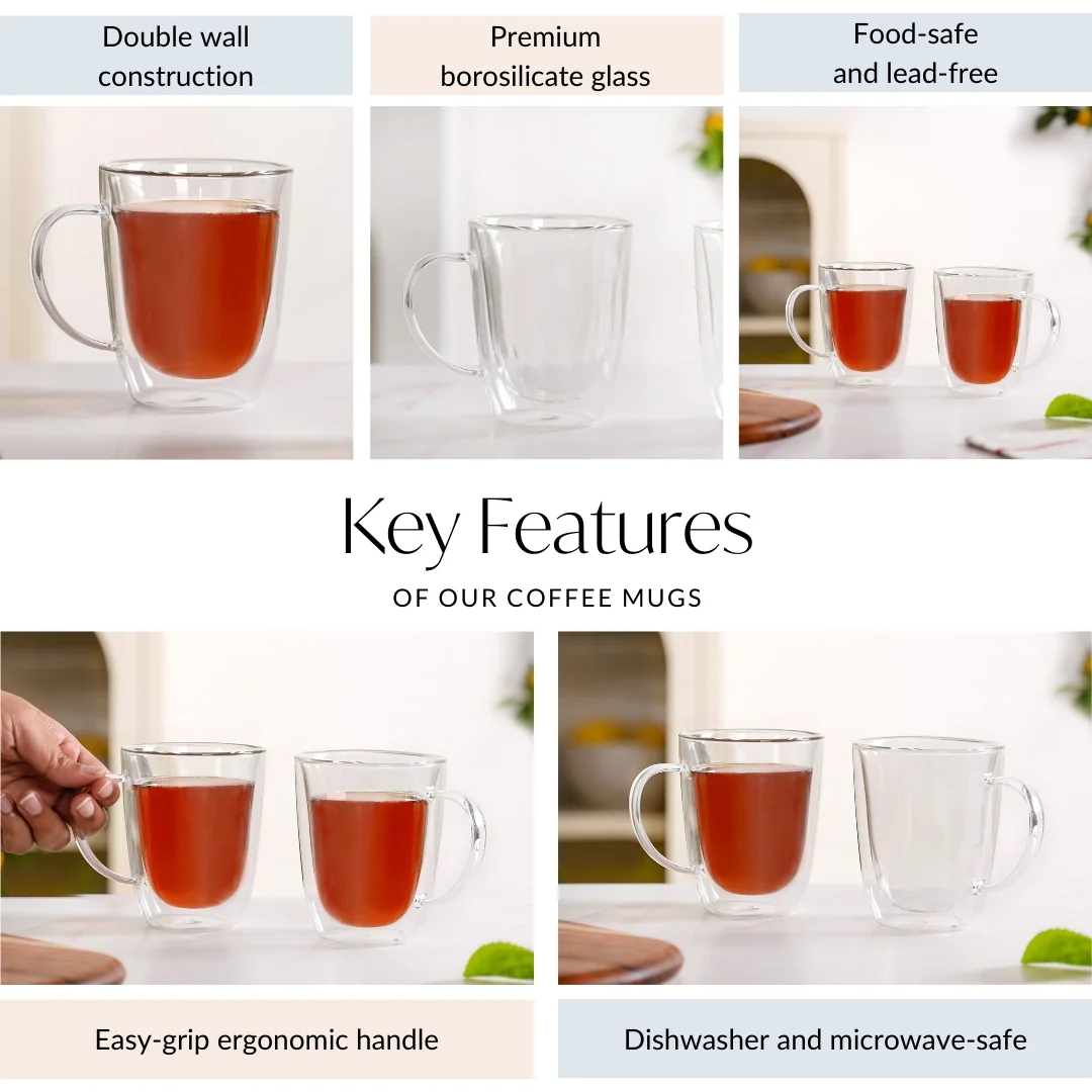 Bistro Style Double Wall Glass Coffee Mugs Set Of 2 300ml - Image 4
