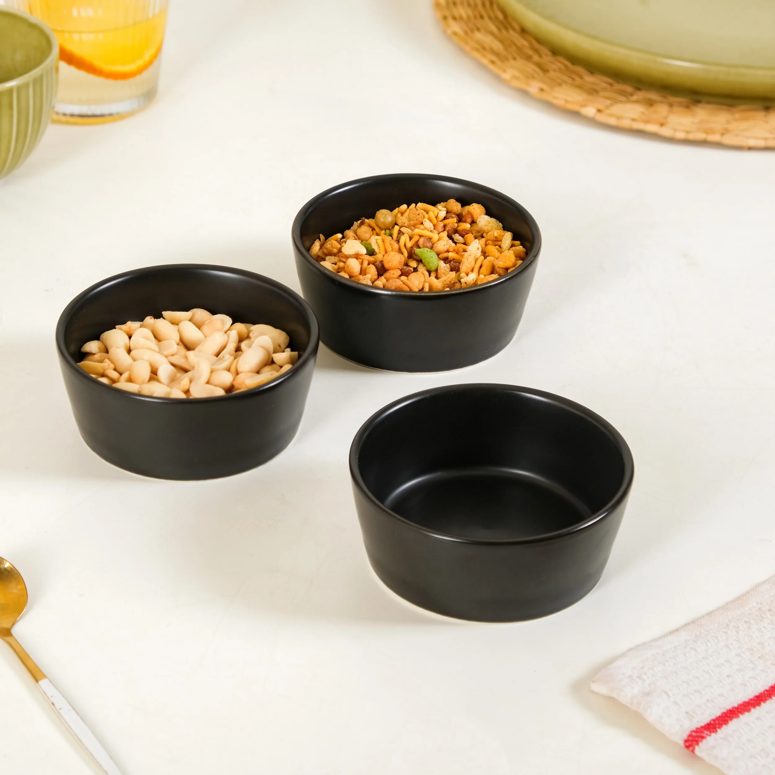 Black Ceramic Bowls Set Of 3 With Bamboo Tray 200ml - Image 7