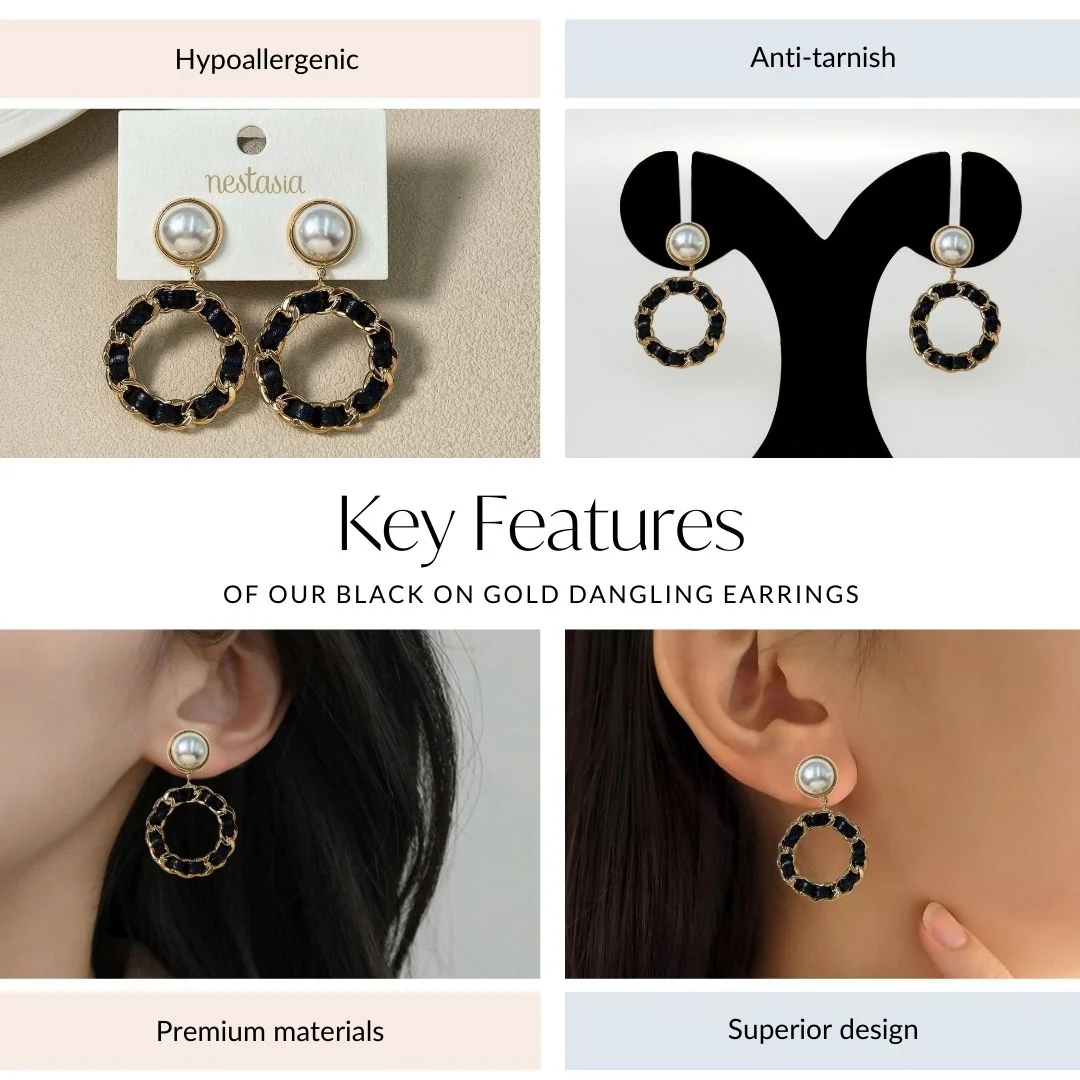 Black On Gold Dangling Earrings - Image 4