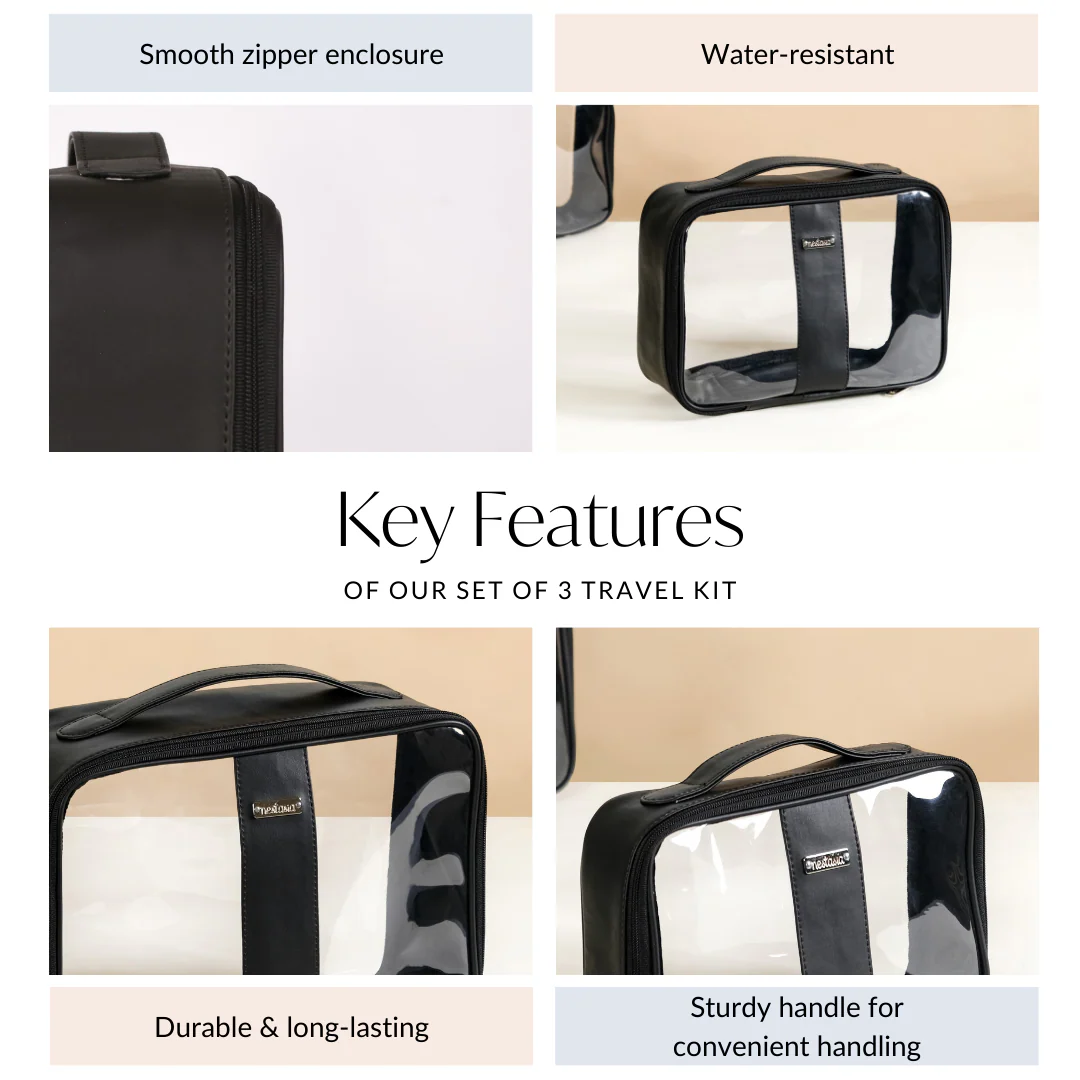 Black Vegan Leather Transparent Travel Kit Set Of 3 - Image 6