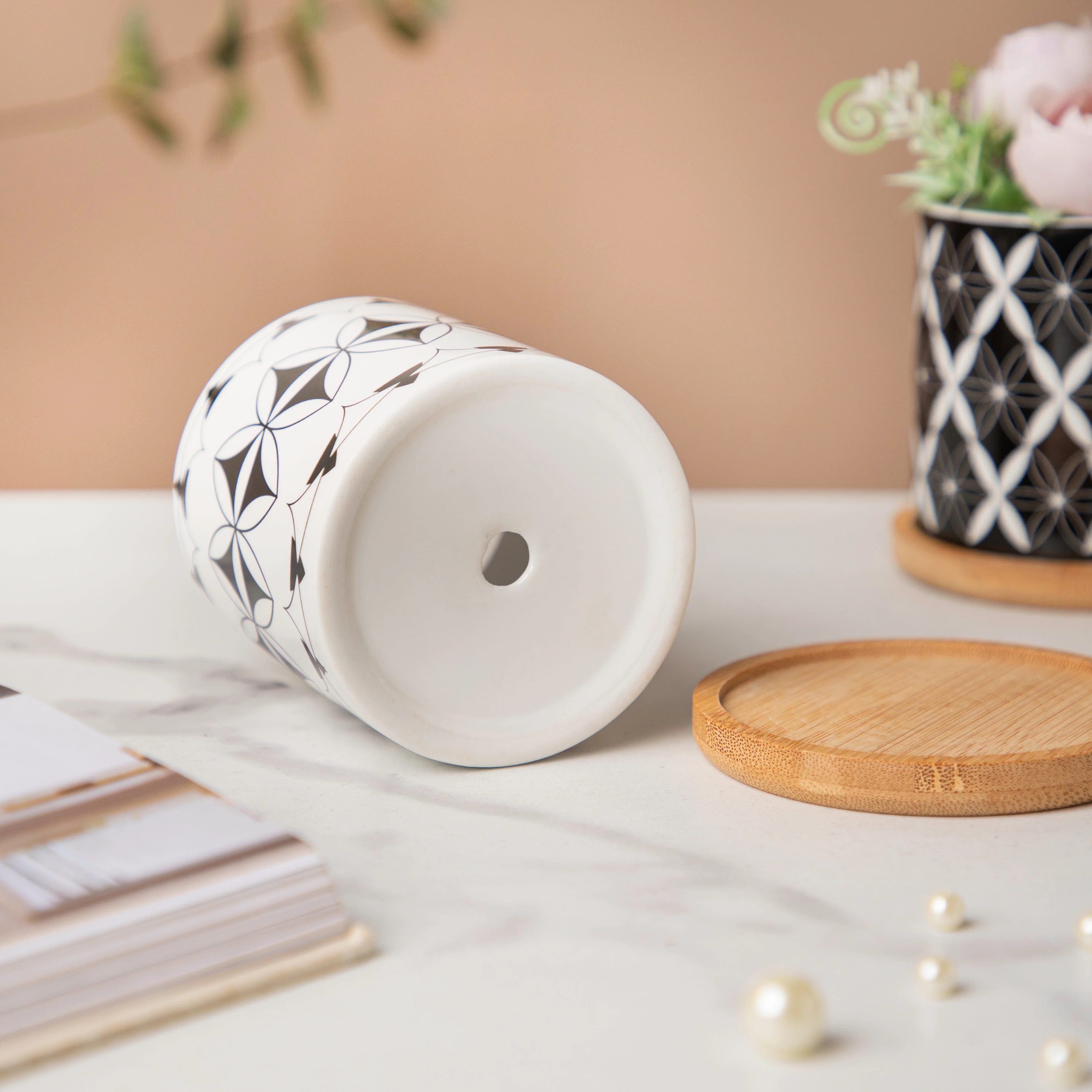 Black & White Medley Ceramic Planter With Coaster Set Of 8 - Image 10