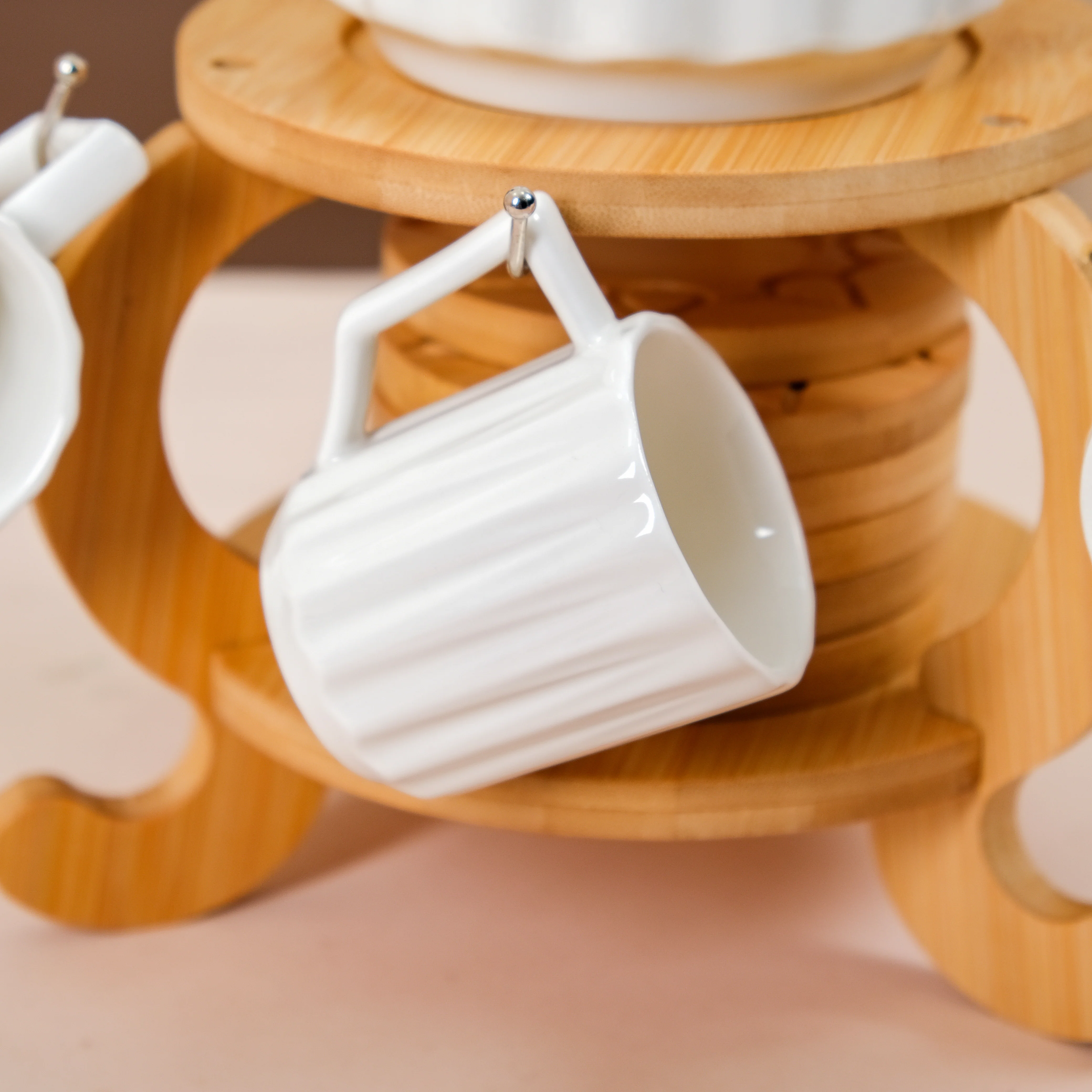 Blanca Fluted Ceramic Tea Set With 6 Cups Kettle And Wooden Stand - Image 9