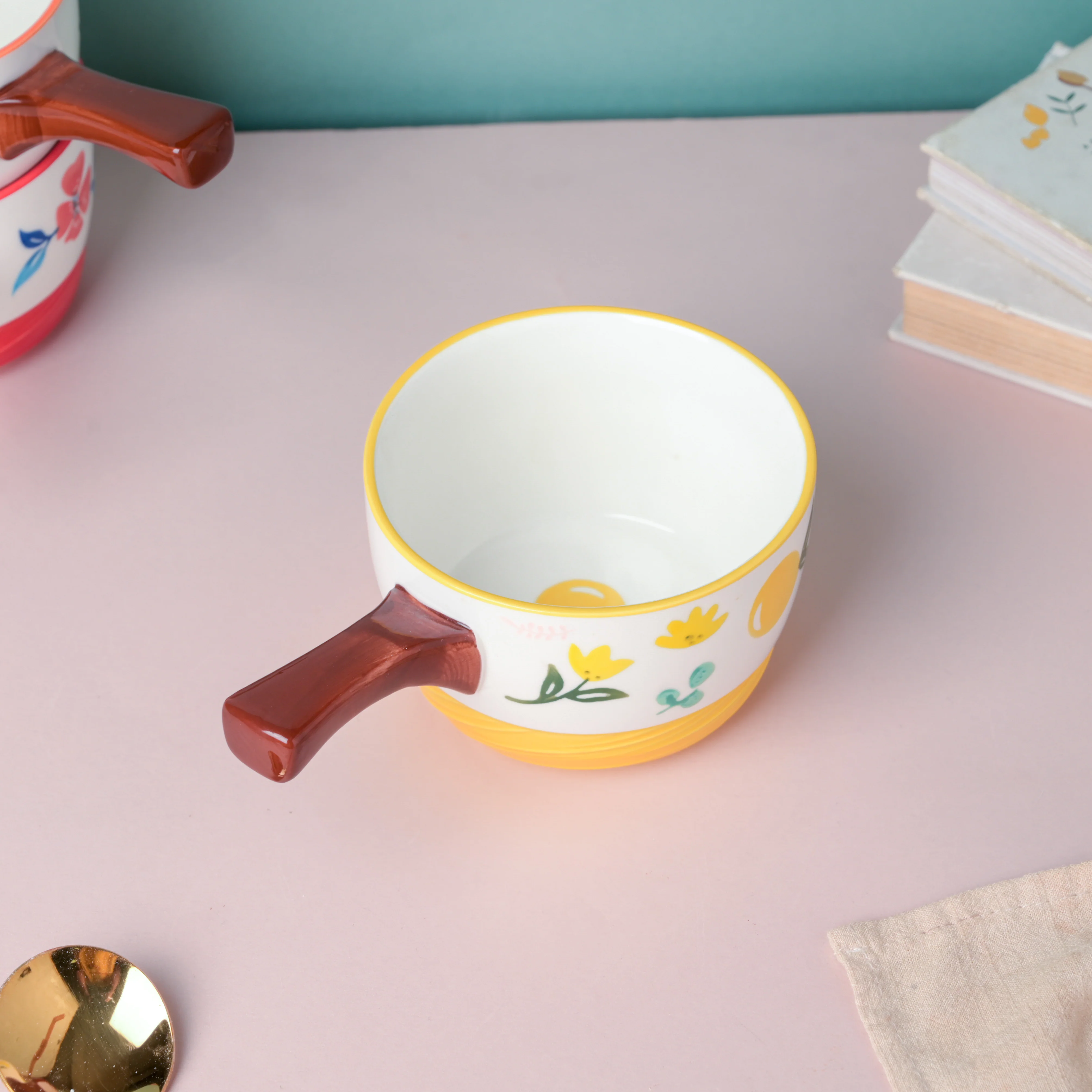Bloom Yellow Ceramic Pot With Handle - Image 4