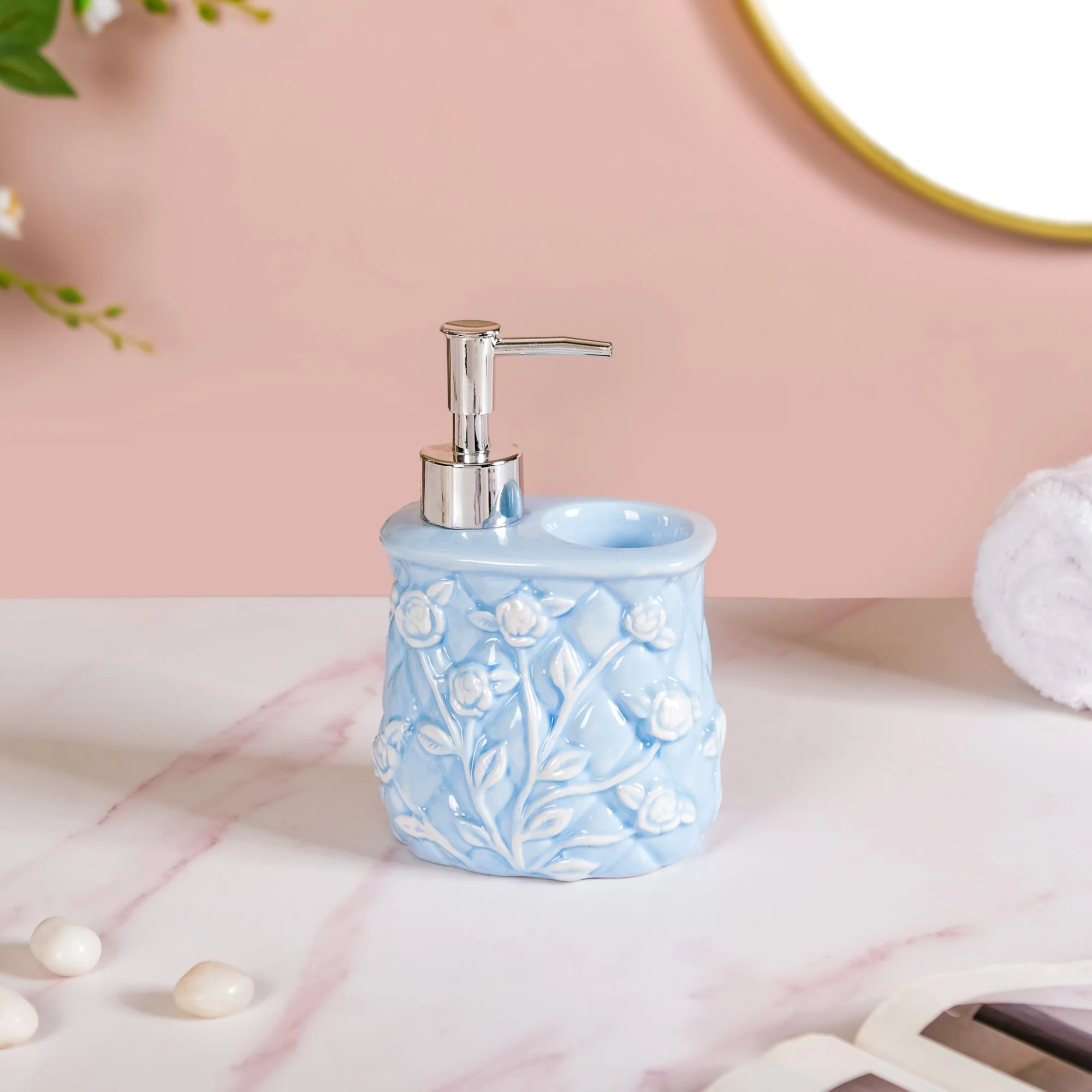 Blue 2 In 1 Ceramic Dispenser With Toothbrush Holder - Image 5