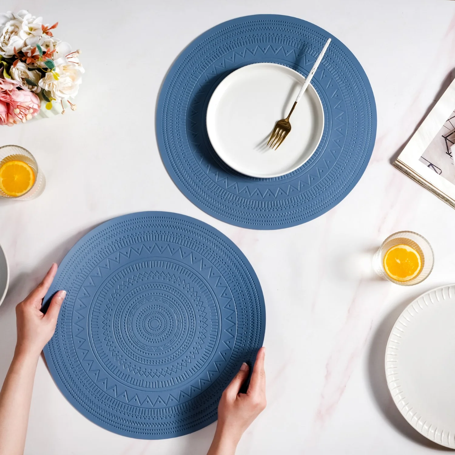 Blue Embossed Warli Design Round Table Mat Set Of 6 - Image 2