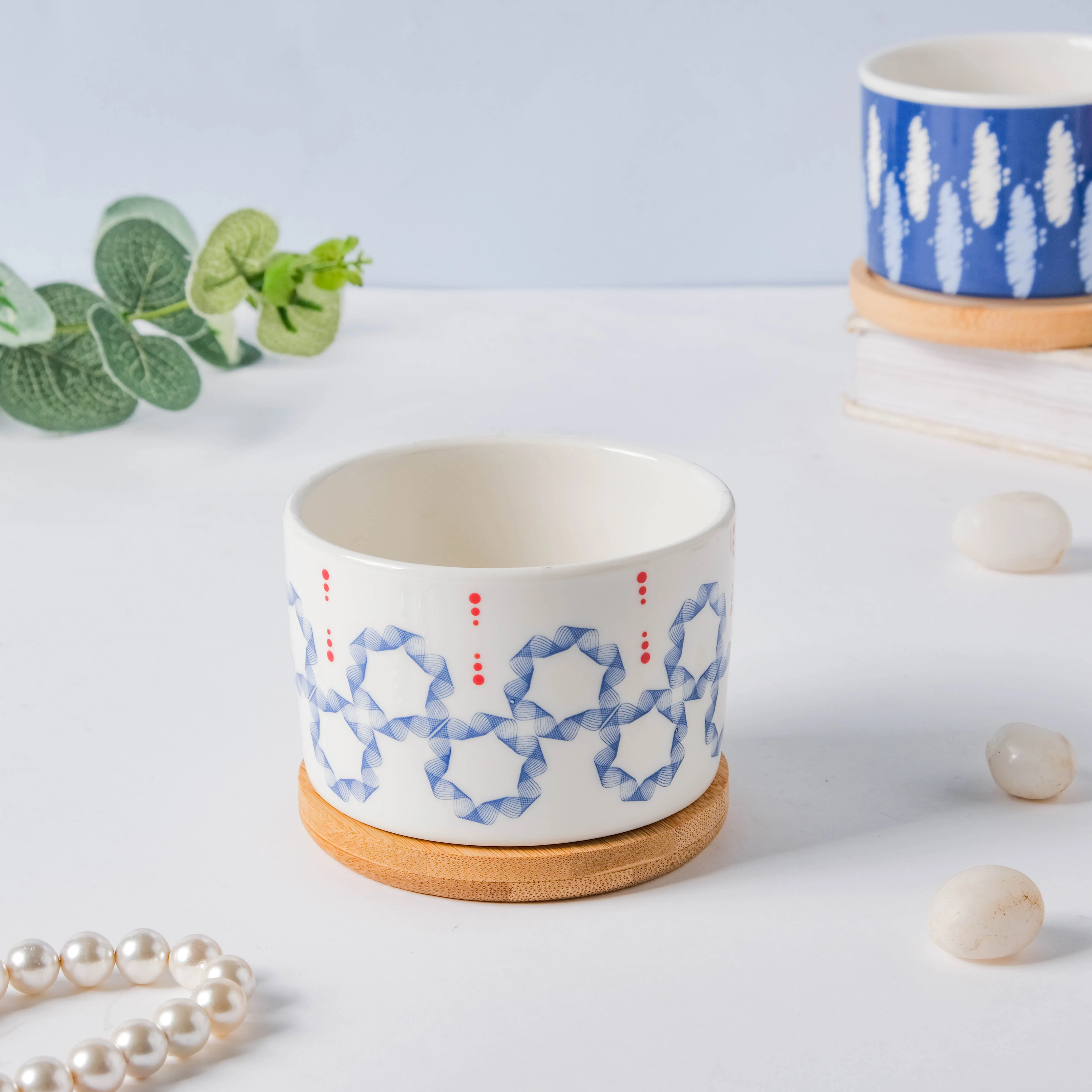 Blue Floral Japanese Planter And Wooden Coaster - Image 4