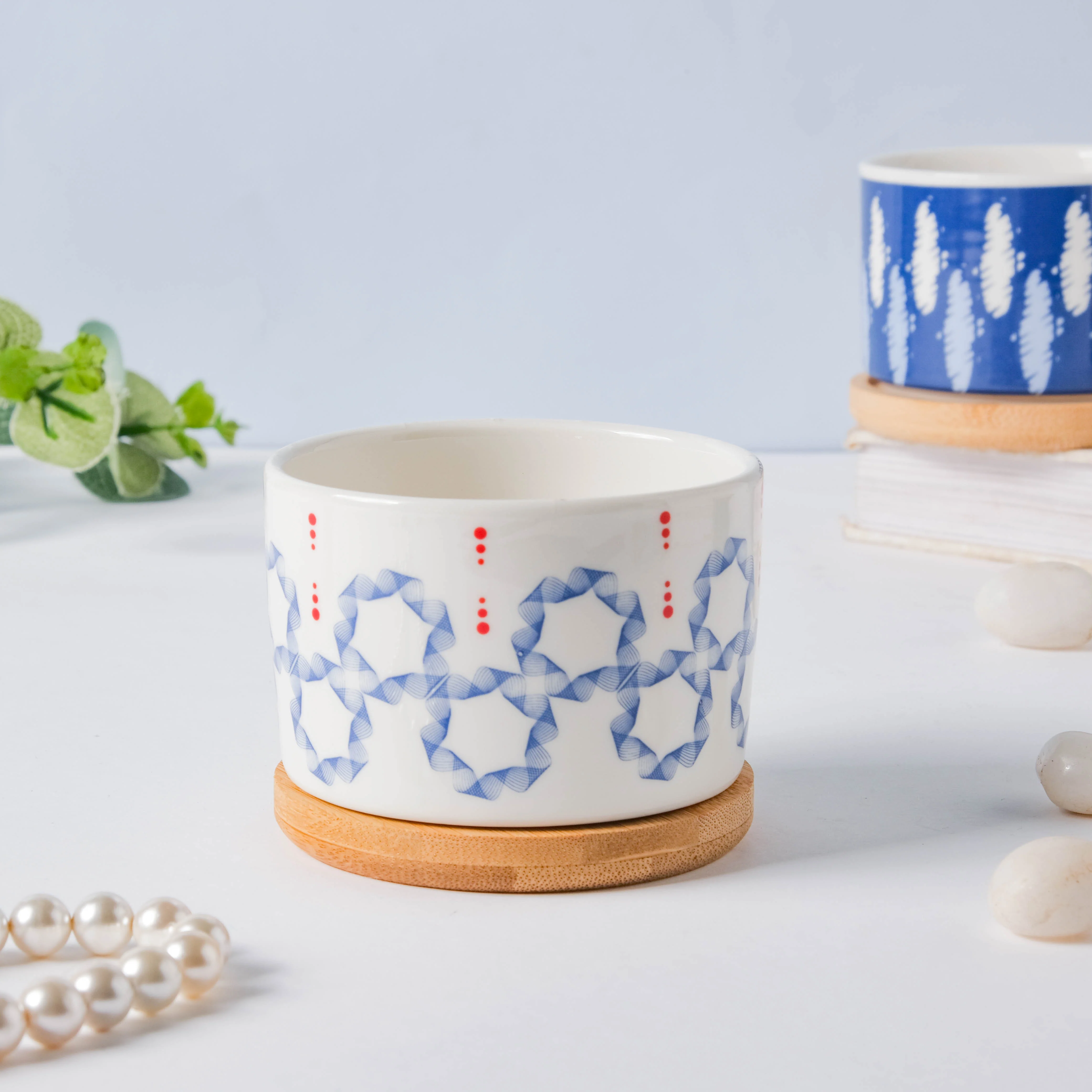 Blue Floral Japanese Planter And Wooden Coaster - Image 7