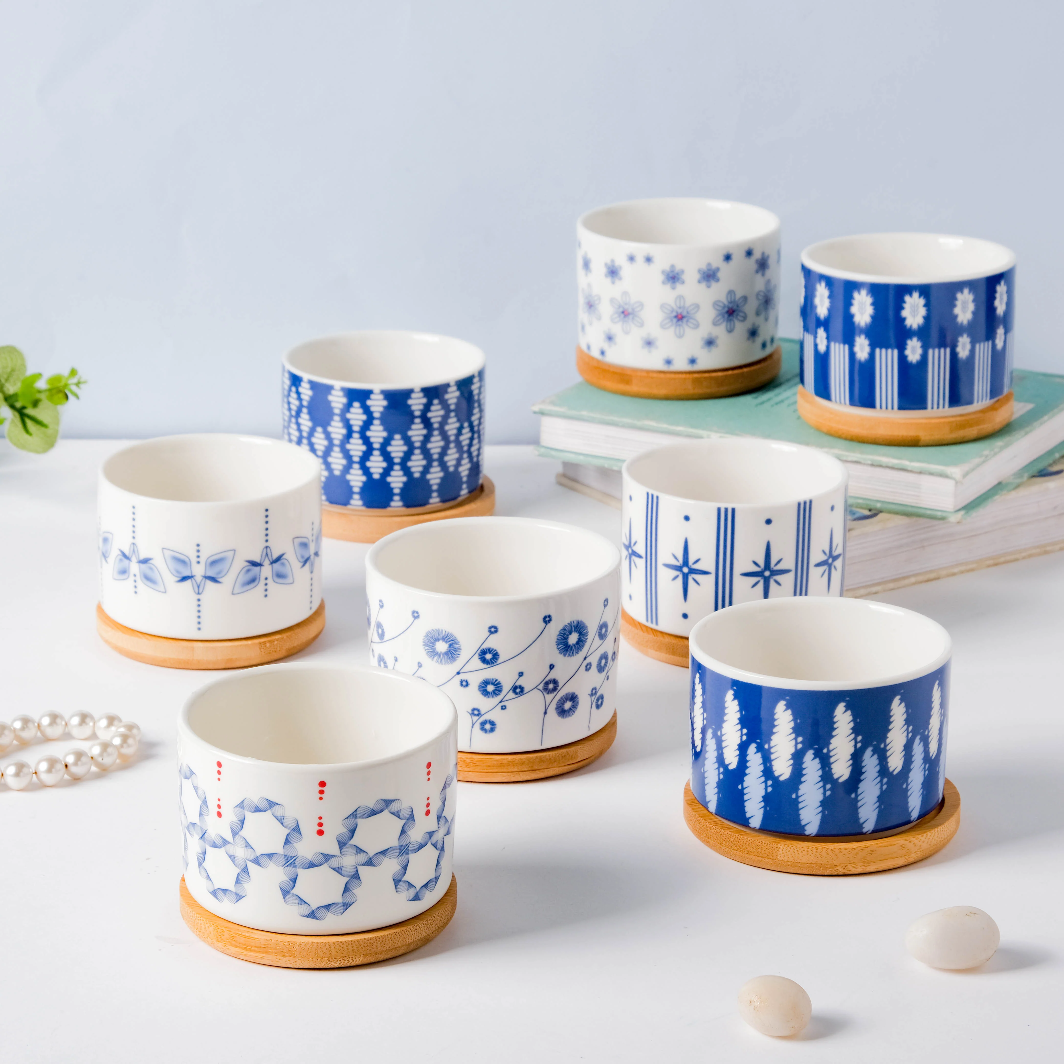 Blue Floral Japanese Planter And Wooden Coaster - Image 9