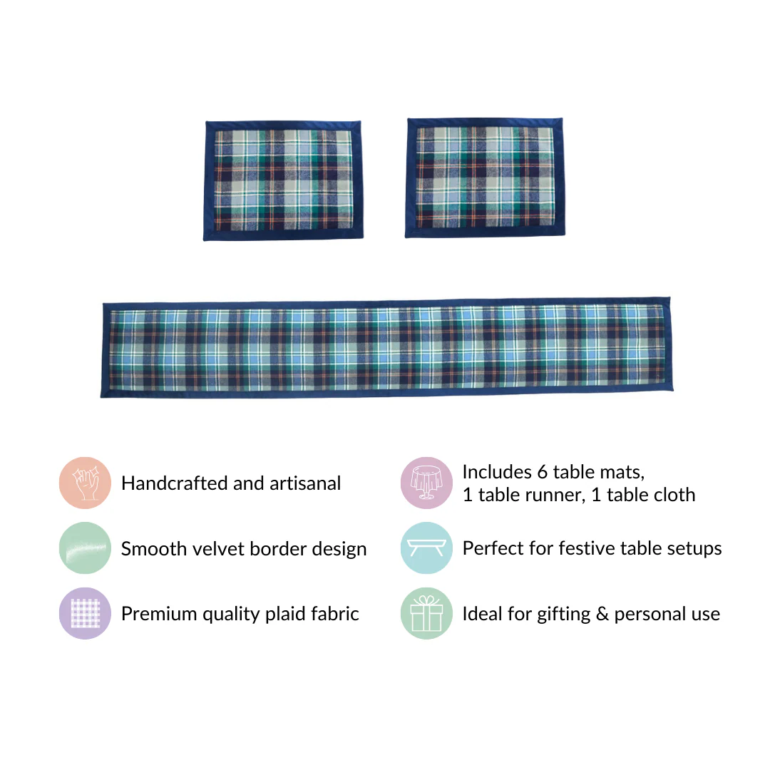 Blue Plaid Table Mat And Runner Set Of 7 - Image 5