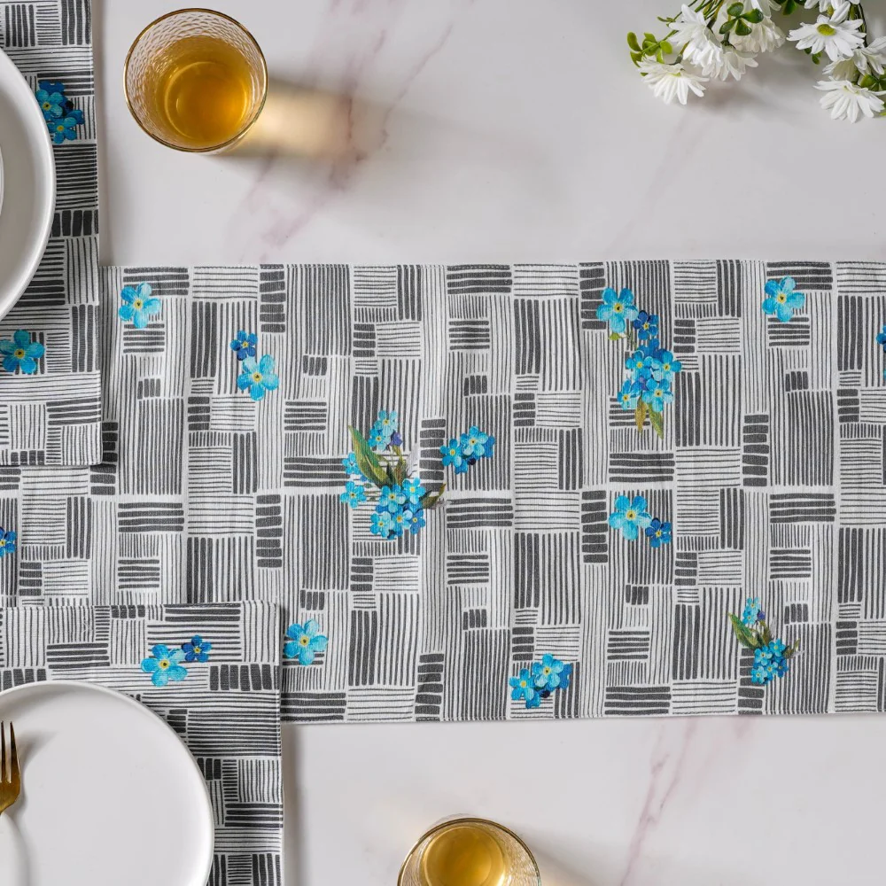 Bluebell Dining Cotton Printed Table Runner Grey For 6 Seater - Image 8