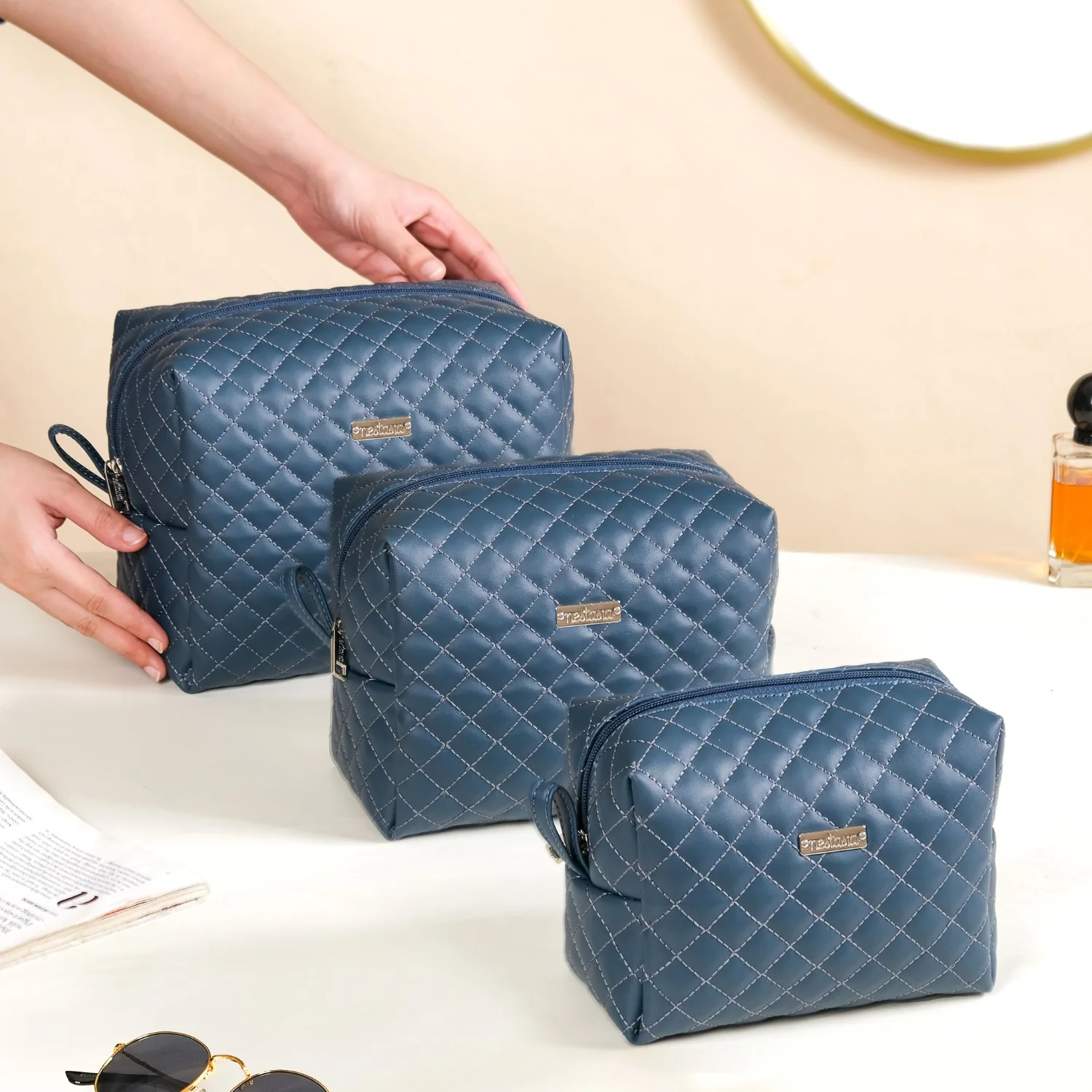 Bluish Grey Quilted Makeup Bags Set Of 3 - Image 2