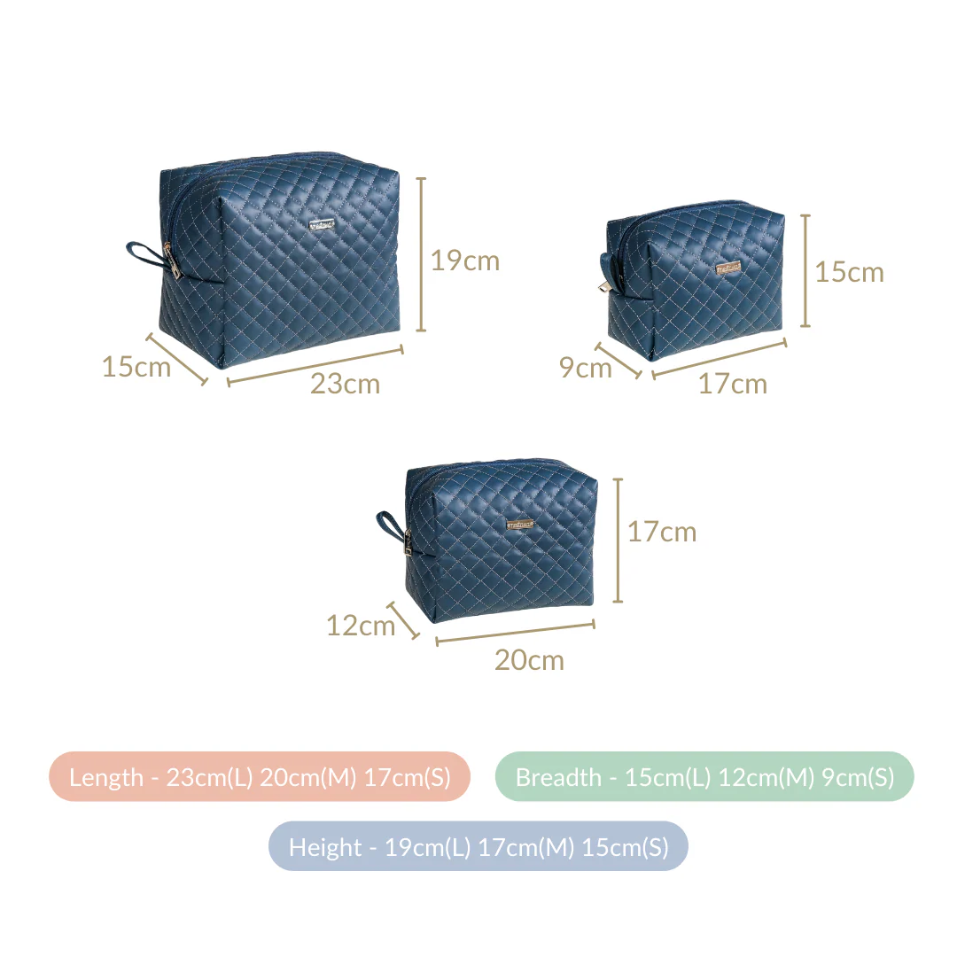 Bluish Grey Quilted Makeup Bags Set Of 3 - Image 5