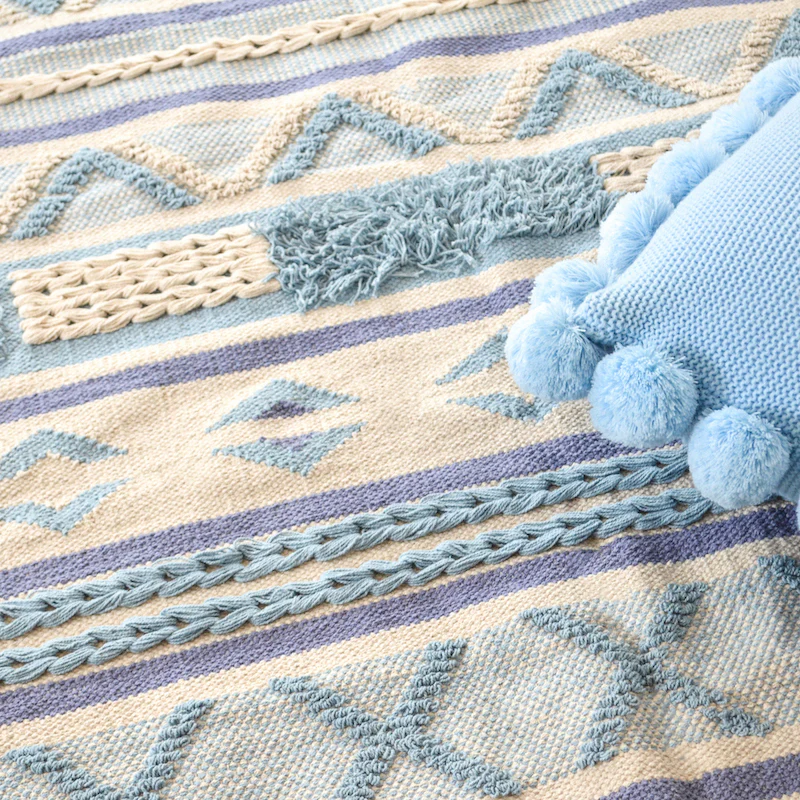 BOHO Bluebell Hand Woven Rug - Blue White & Natural - Image 3