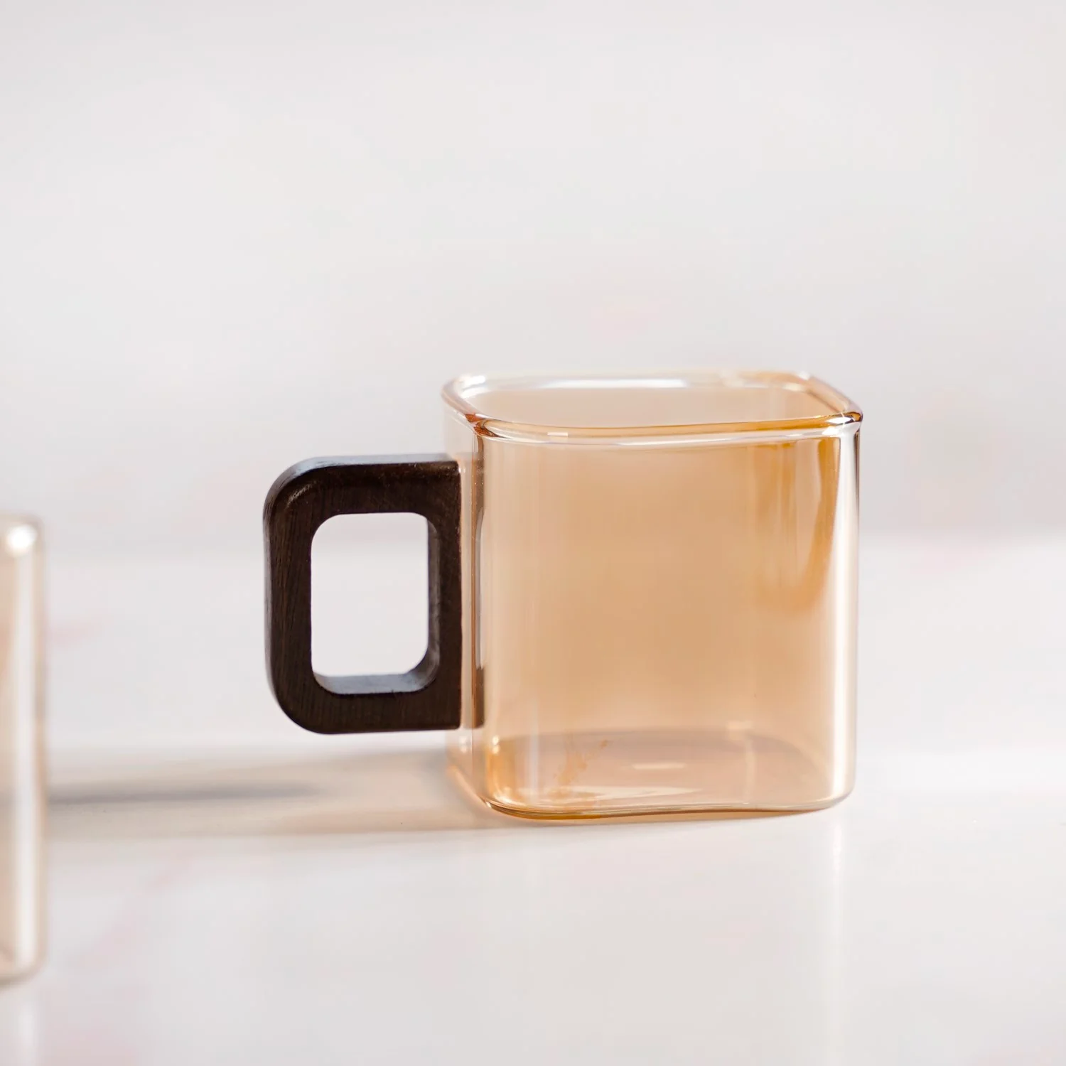 Amber Tinted Square Cups With Wooden Handle Set Of 4 200ml - Image 2
