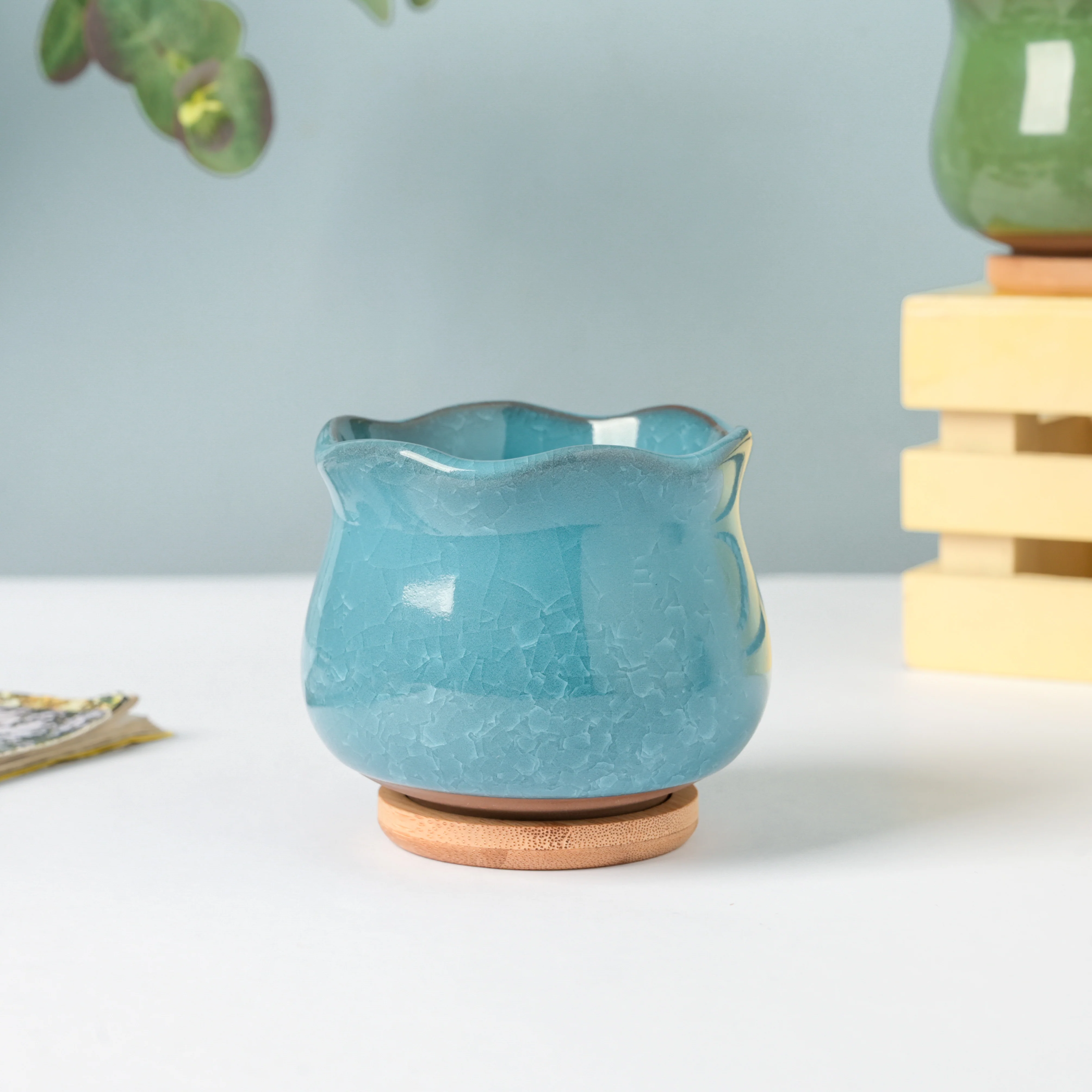 Botanica Blue Ceramic Planter With Coaster - Image 2