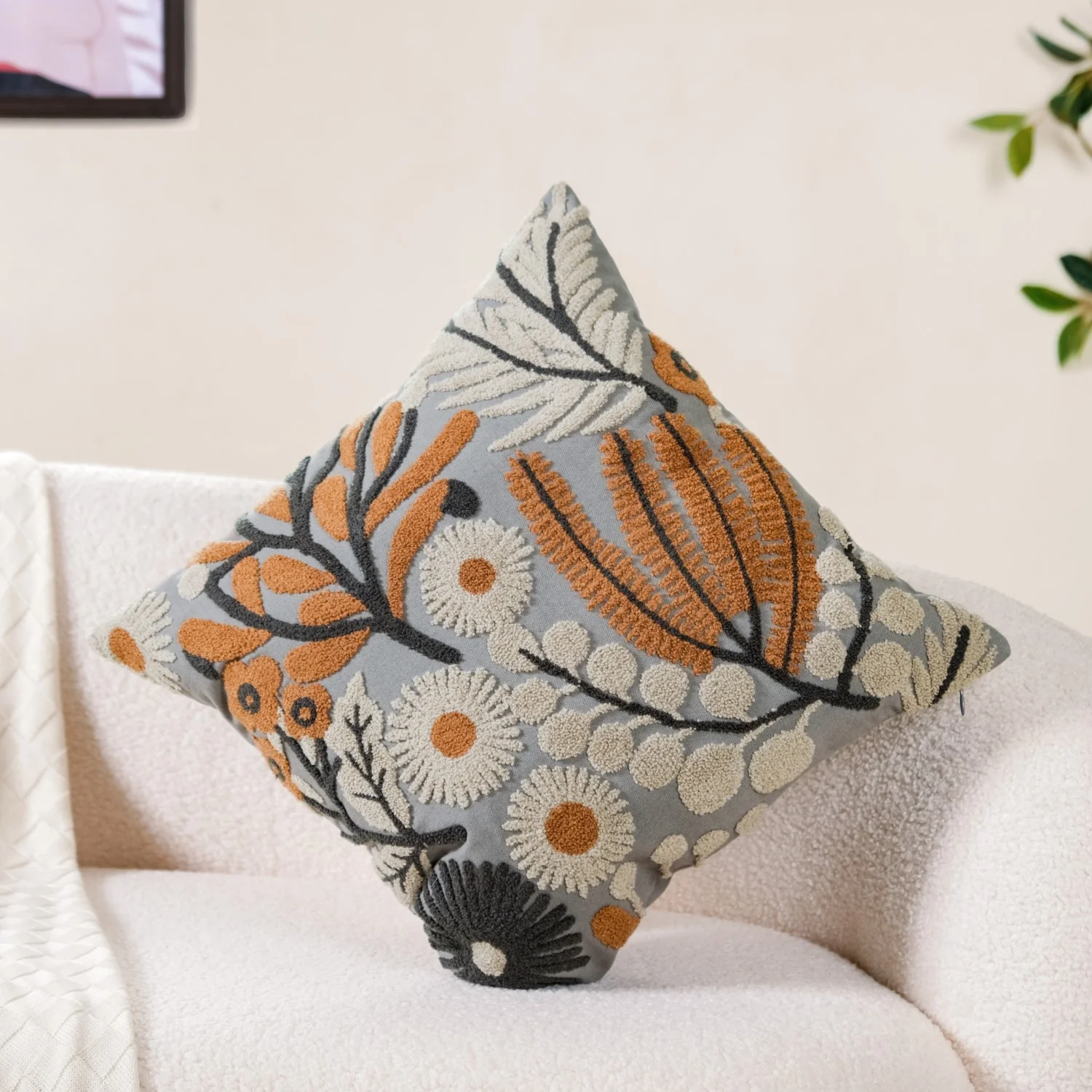 Botanical Embroidered Cushion Cover 16x16 Inch - Image 2