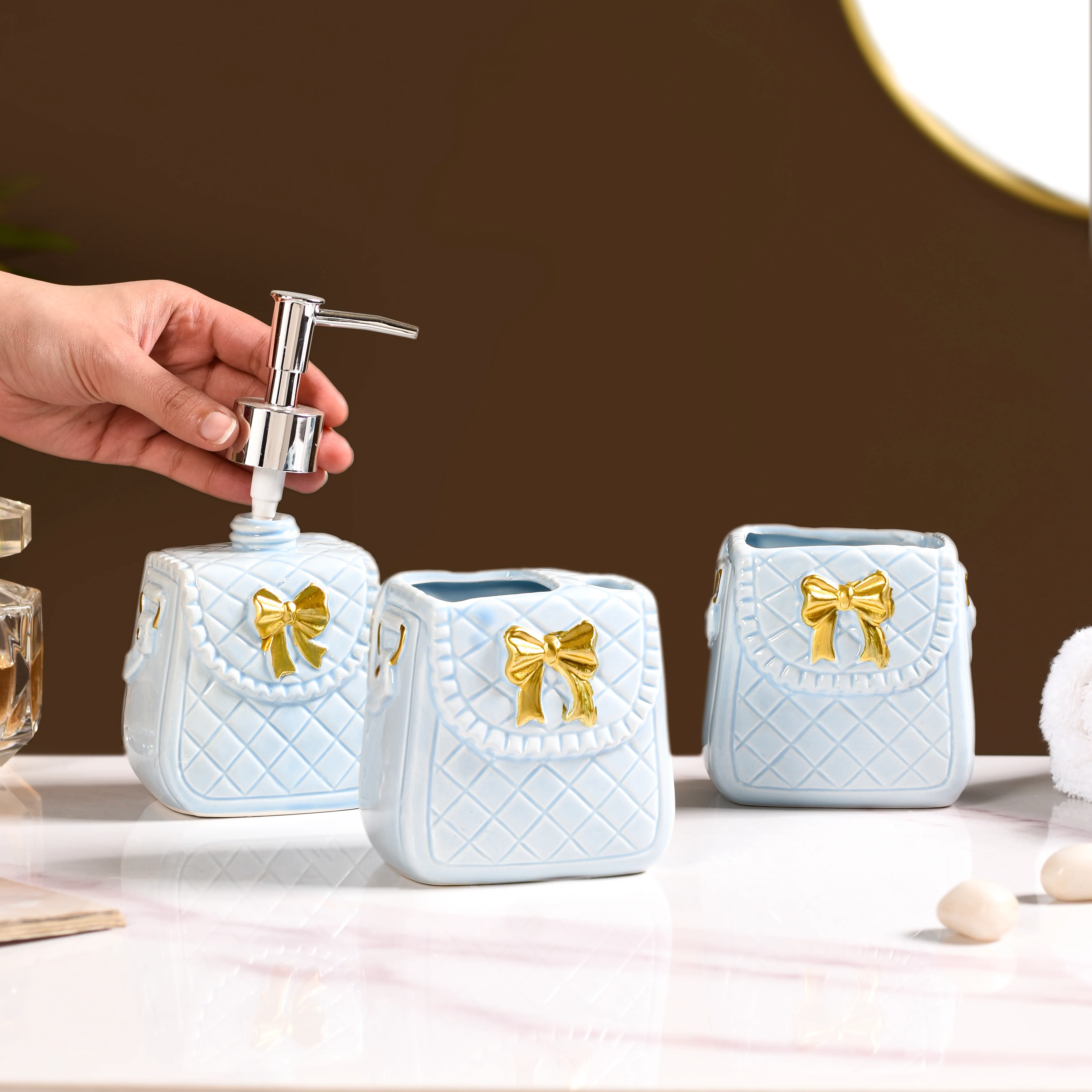 Bow Detail Blue Ceramic Bath Accessories Set Of 3 - Image 2